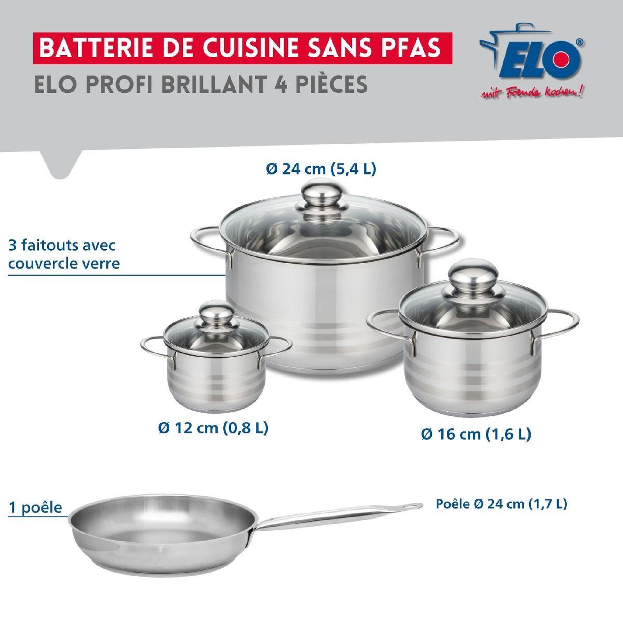 Voir la diapositive 2 : ELO Ensemble de 1 poêle de cuisson 24 cm et 3 faitouts 12, 16 et 24 cm elo profi brillant