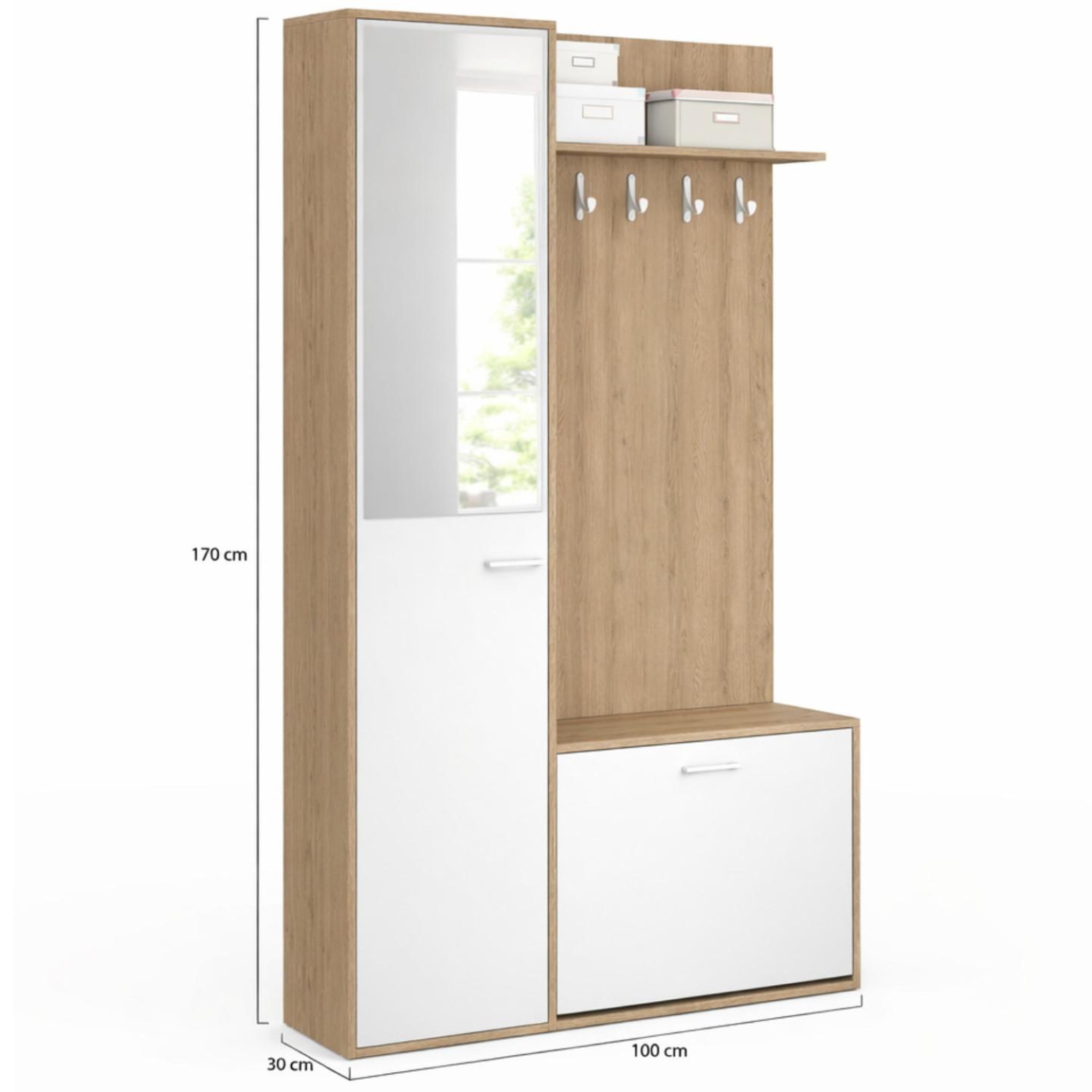 Voir la diapositive 5 : ID MARKET Vestiaire d'entrée rangement chaussures avec miroir et étagères mahaut 1 porte effet bois et blanc