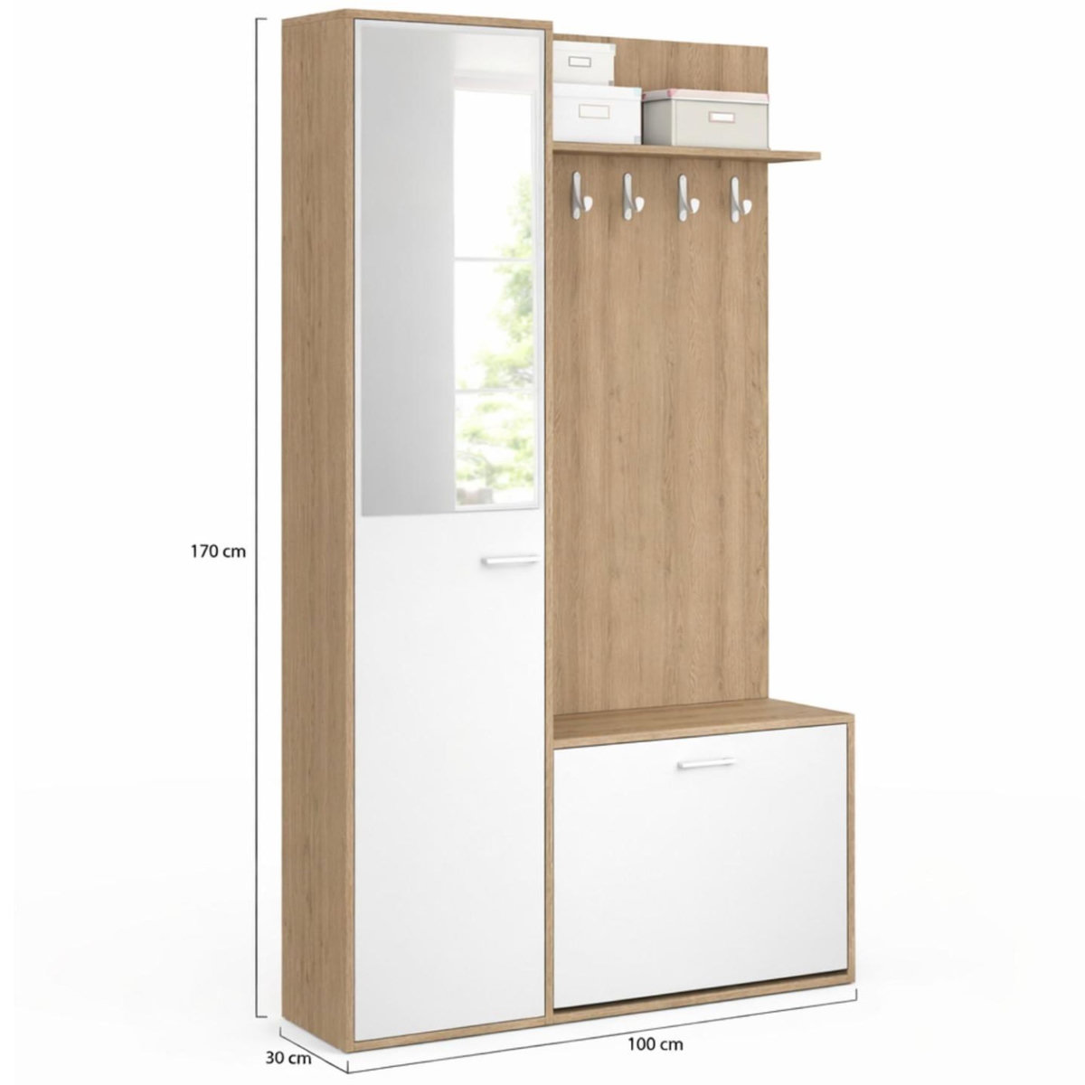 ID MARKET Vestiaire d'entrée rangement chaussures avec miroir et étagères MAHAUT 1 porte effet bois et blanc