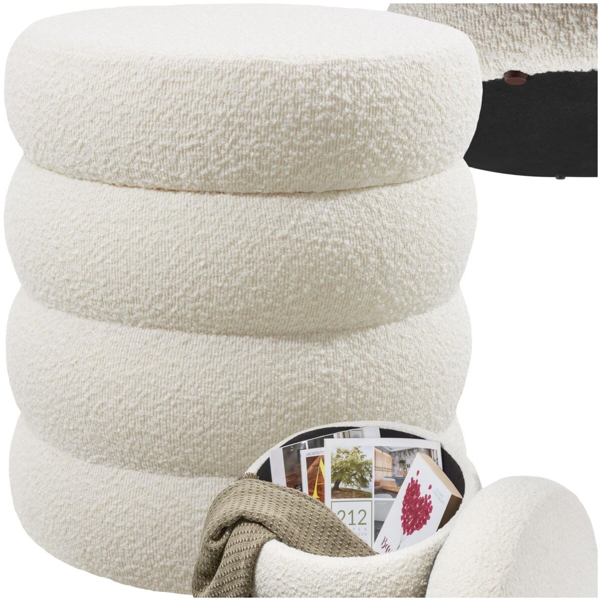 tectake Tabouret avec espace de rangement rond Bouclé crème/ blanc