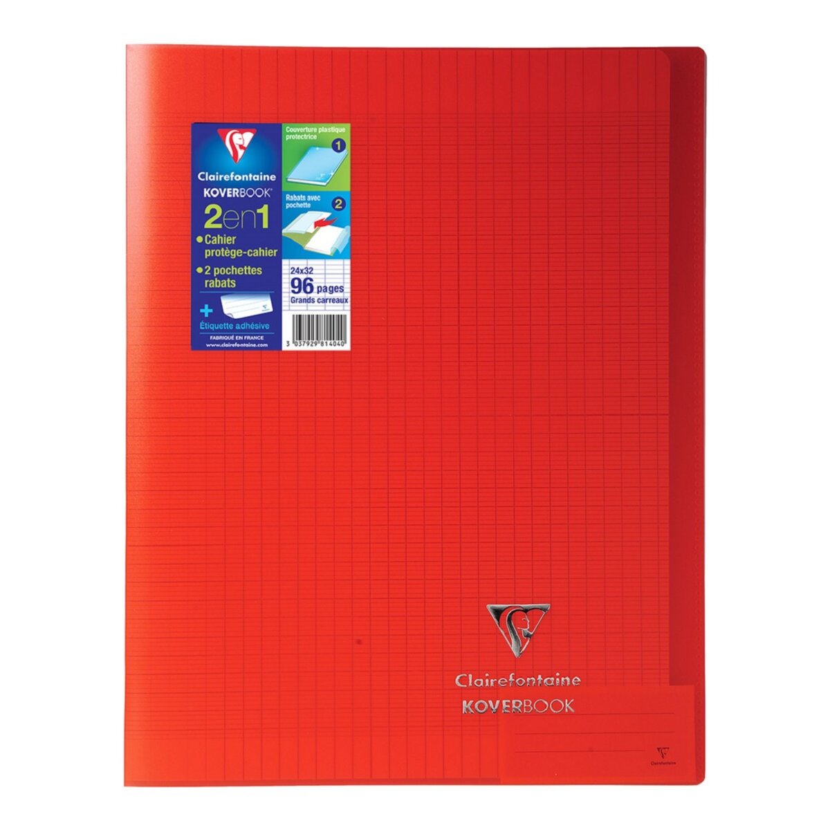 CLAIREFONTAINE Cahier piqué Koverbook 24x32cm 96 pages grands carreaux Seyes rouge transparent