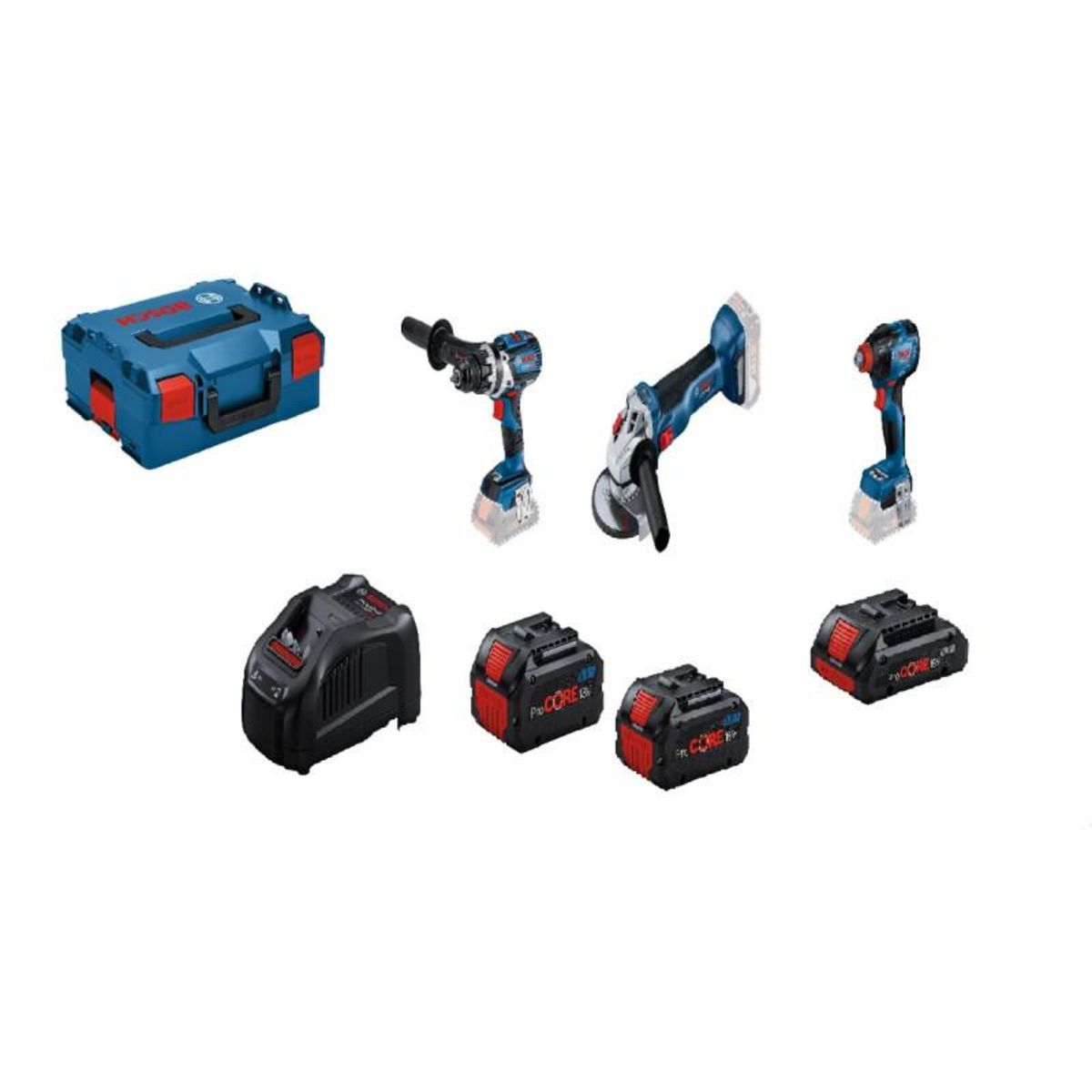 BOSCH Combo kit 4 outils 18V + batterie 4Ah (Procore) + 2 batteries 5,5Ah (Procore) + chargeur + coffret L BOXX BOSCH 0615990N32