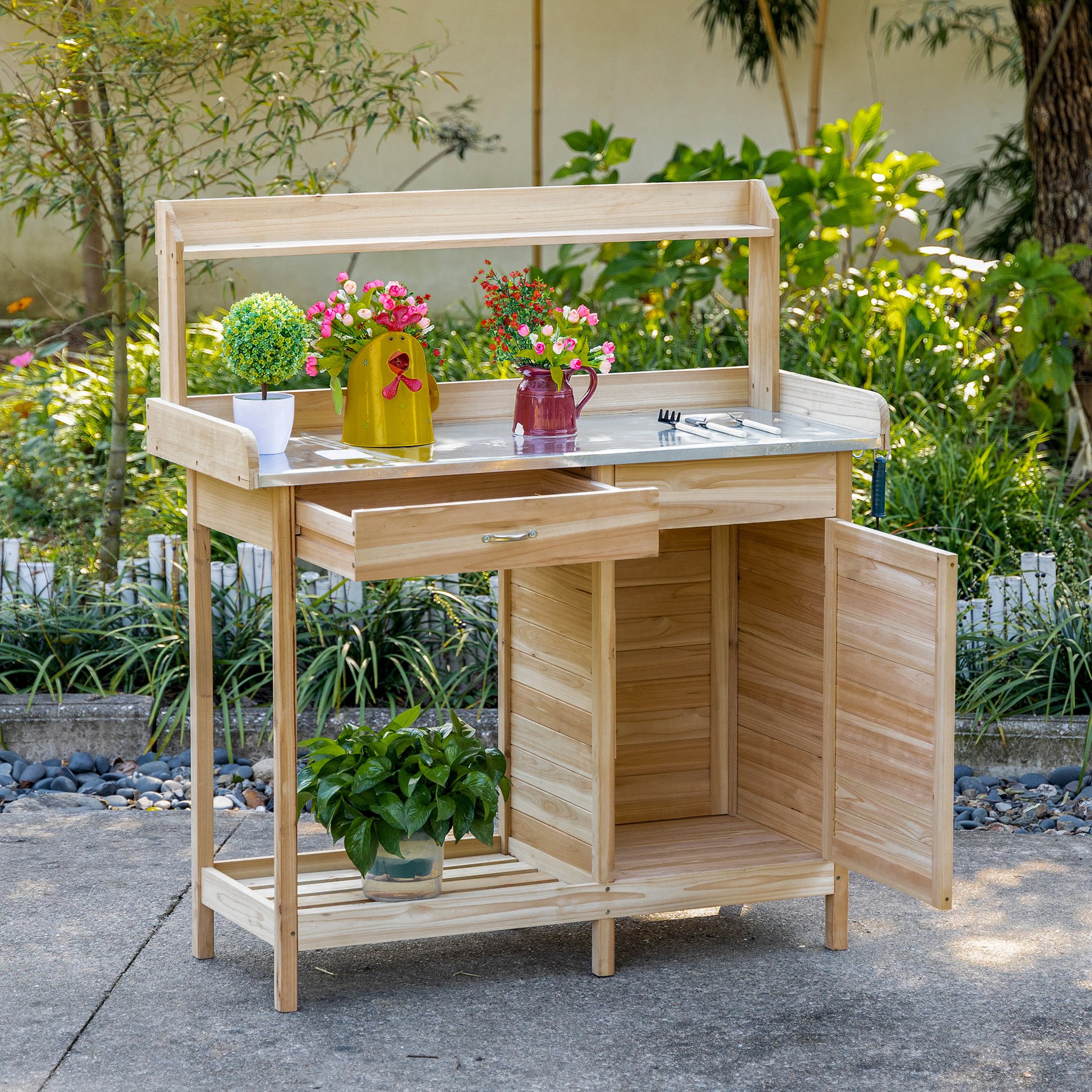 Voir la diapositive 2 : OUTSUNNY Table de rempotage jardinage - 2 étagères, tiroir, placard, plateau tôle acier galvanisé avec rebord, 3 crochets - bois sapin pré-huilé