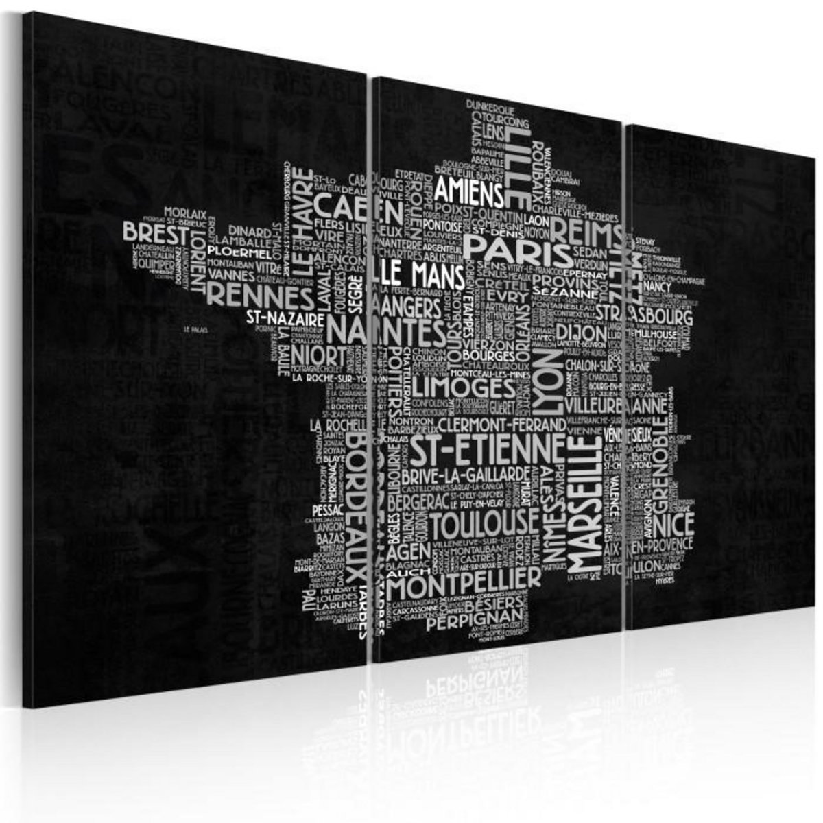 Paris Prix Tableau 3 Panneaux  Text Map of France on the Black Background