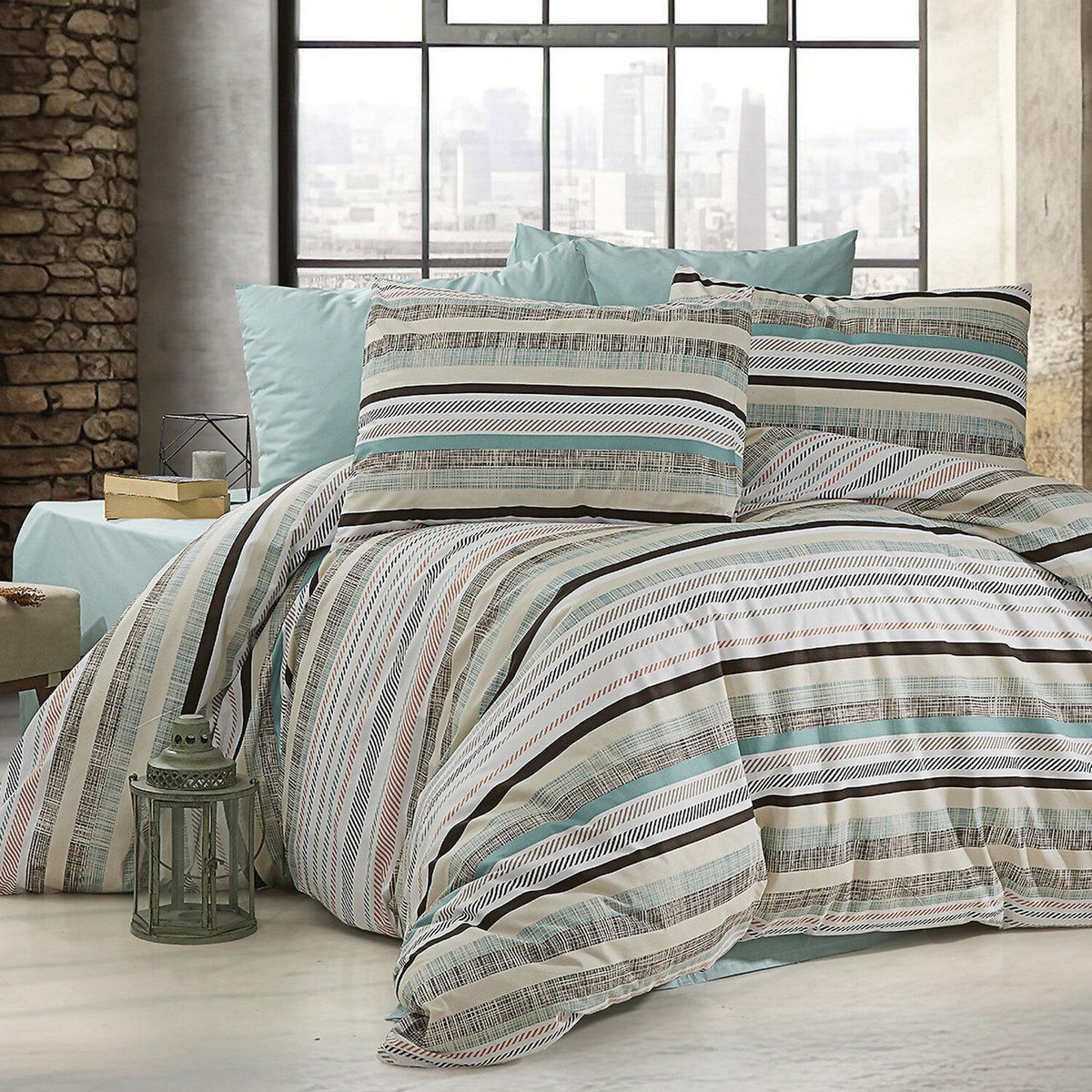 Home collection Parure housse de couette 100% coton 57 fils imprimé Terrina vert