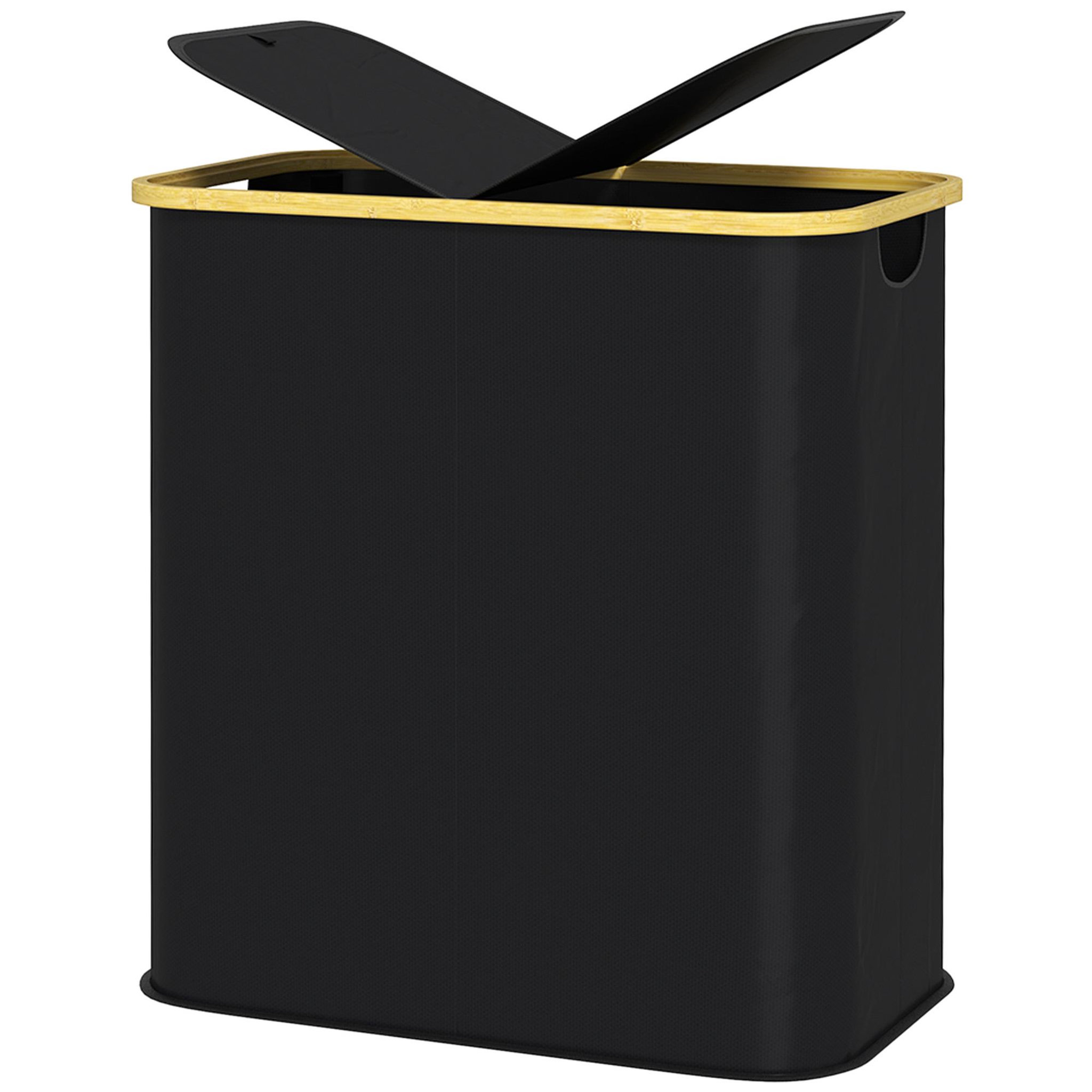 Voir la diapositive 2 : HOMCOM Panier à linge double pliable 80l - corbeille à linge sale avec couvercle et poignées - bambou non tissé noir