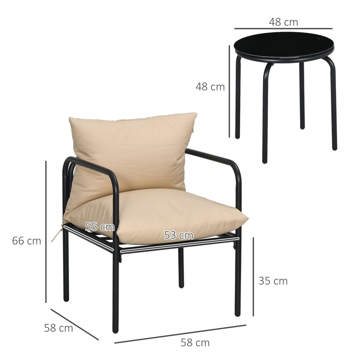 OUTSUNNY Ensemble salon de jardin 2 places 3 pièces avec coussins beige