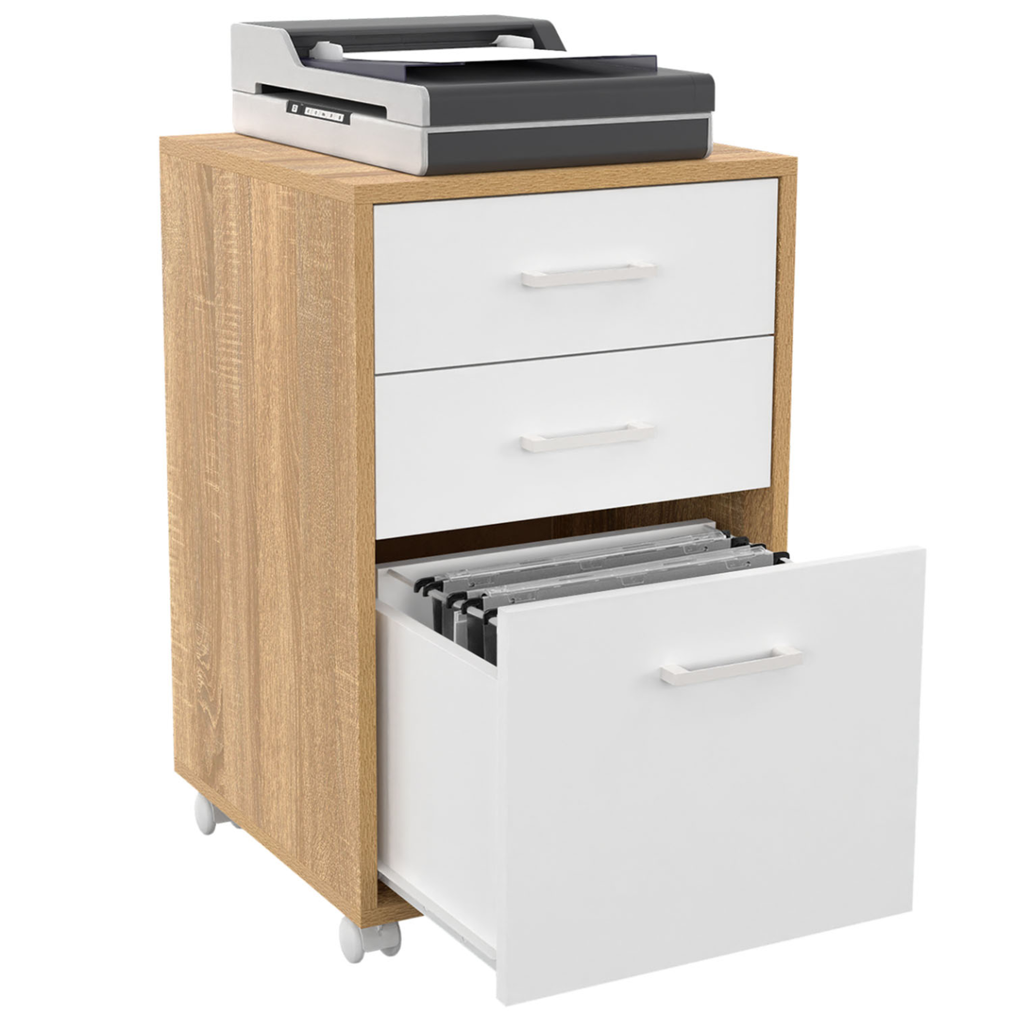 ID MARKET Caisson de bureau JON support imprimante 3 tiroirs blanc et bois