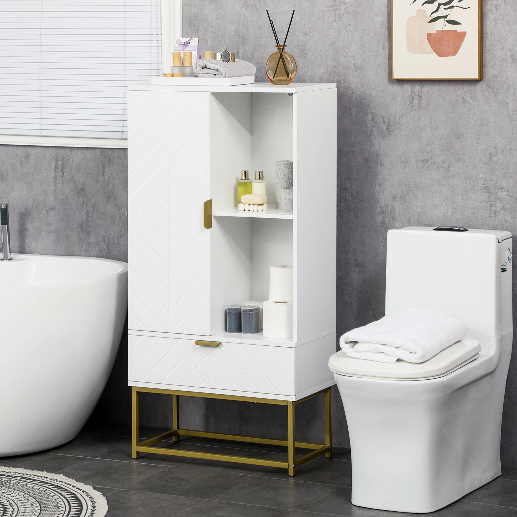 Voir la diapositive 2 : KLEANKIN Meuble bas de salle de bain design - porte, étagère, tiroir, 2 niches, 1 tiroir - acier doré MDF blanc