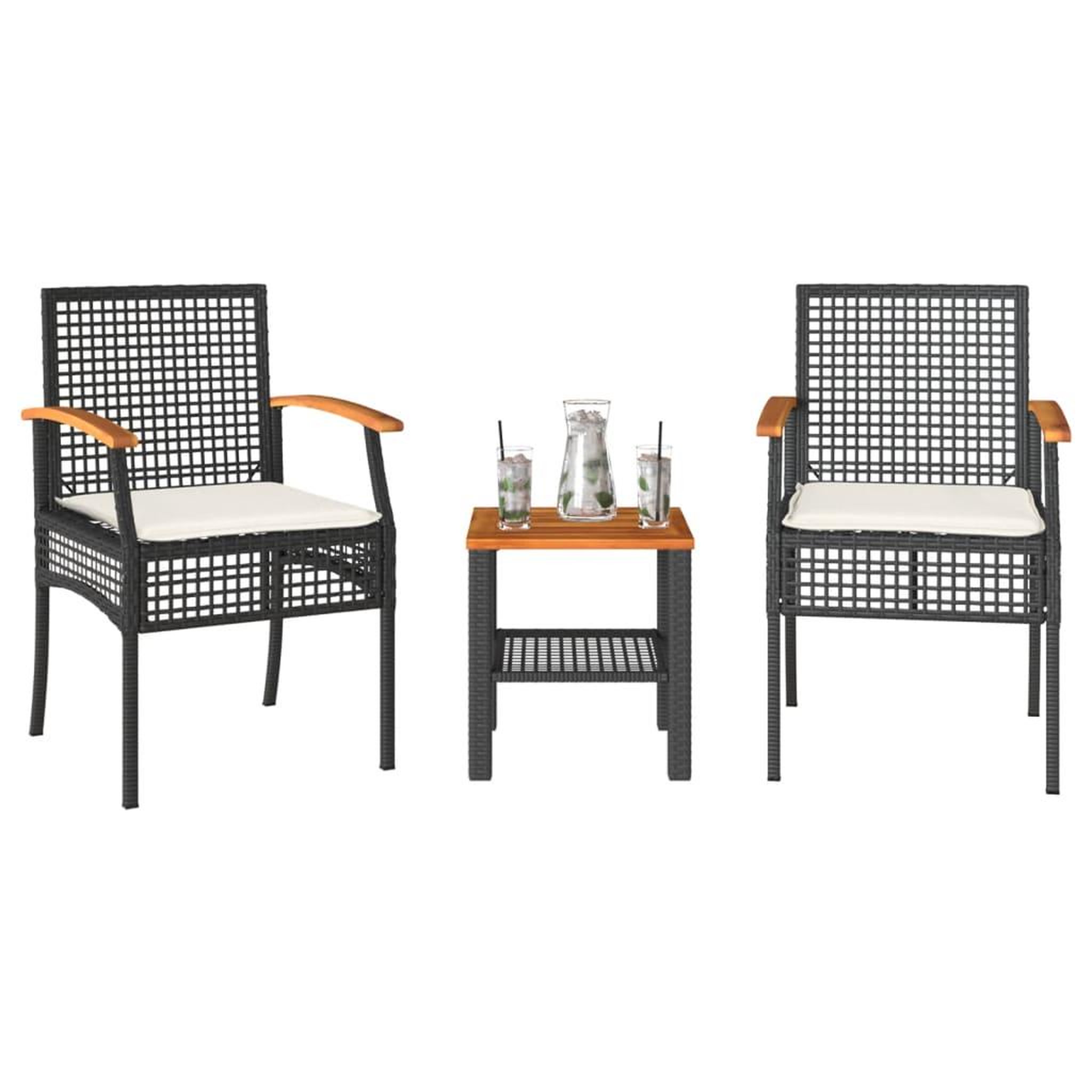 VIDAXL Ensemble de bistro 3 pcs et coussins noir resine tressee acacia