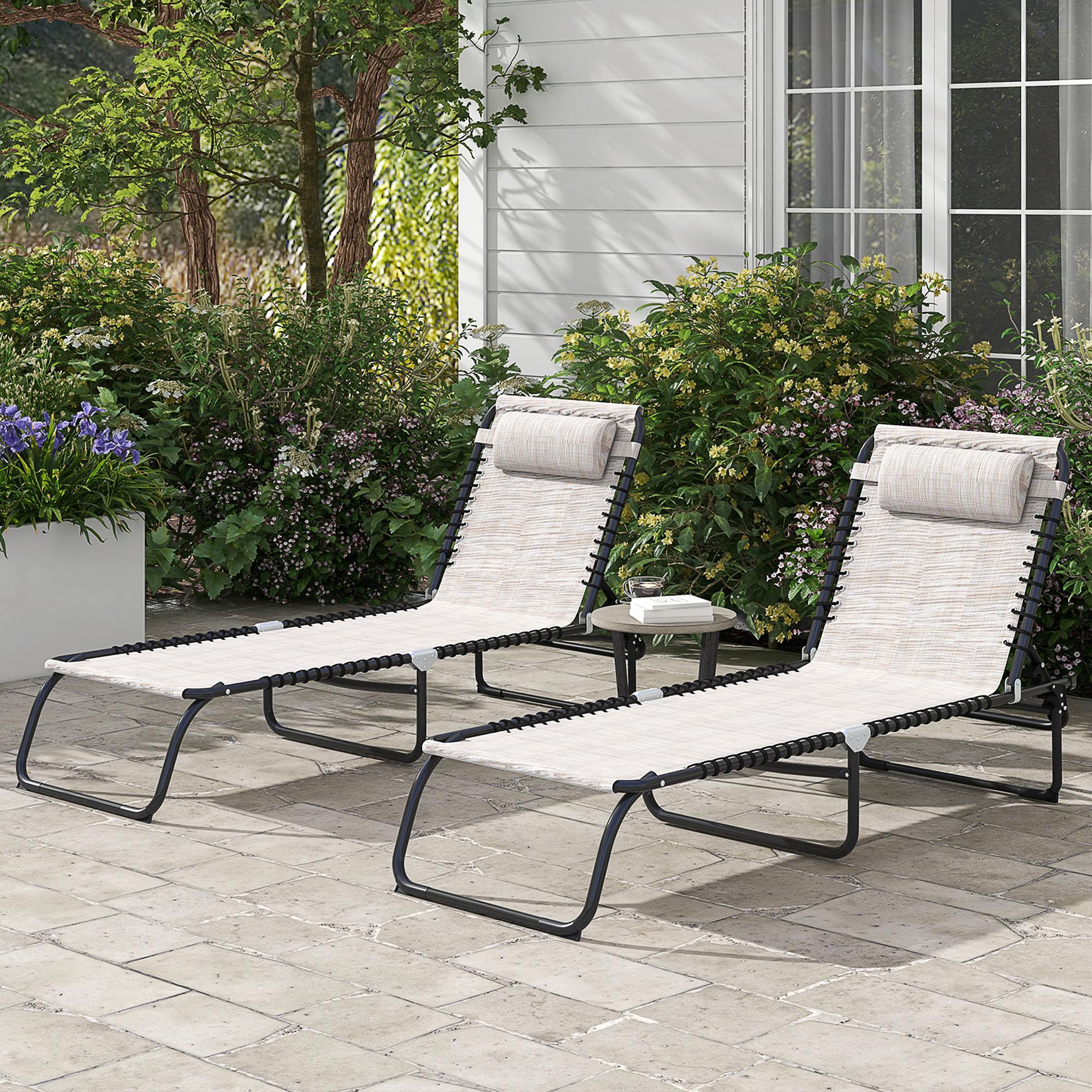 Voir la diapositive 2 : OUTSUNNY Lot de 2 bains de soleil transats pliables inclinables acier lacets élastiques noir textilène crème