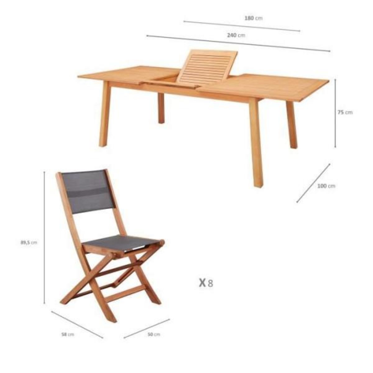 MARKET24 Ensemble repas de jardin 6 a 8 personnes - Table extensible 180/240 x 100 cm + 6 chaises assises textilene - Bois Eucalyptus FSC