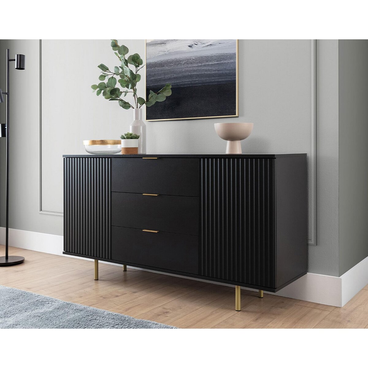 BEST MOBILIER Monica - buffet - noir - 3 tiroirs et 2 portes - 150 cm