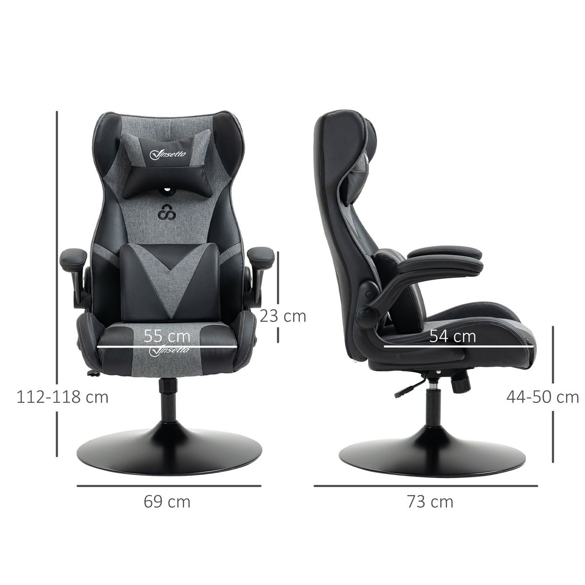 VINSETTO Fauteuil gaming base ronde métal pivotante 360° hauteur réglable tétière coussin lombaires accoudoirs relevables PU tissu gris noir