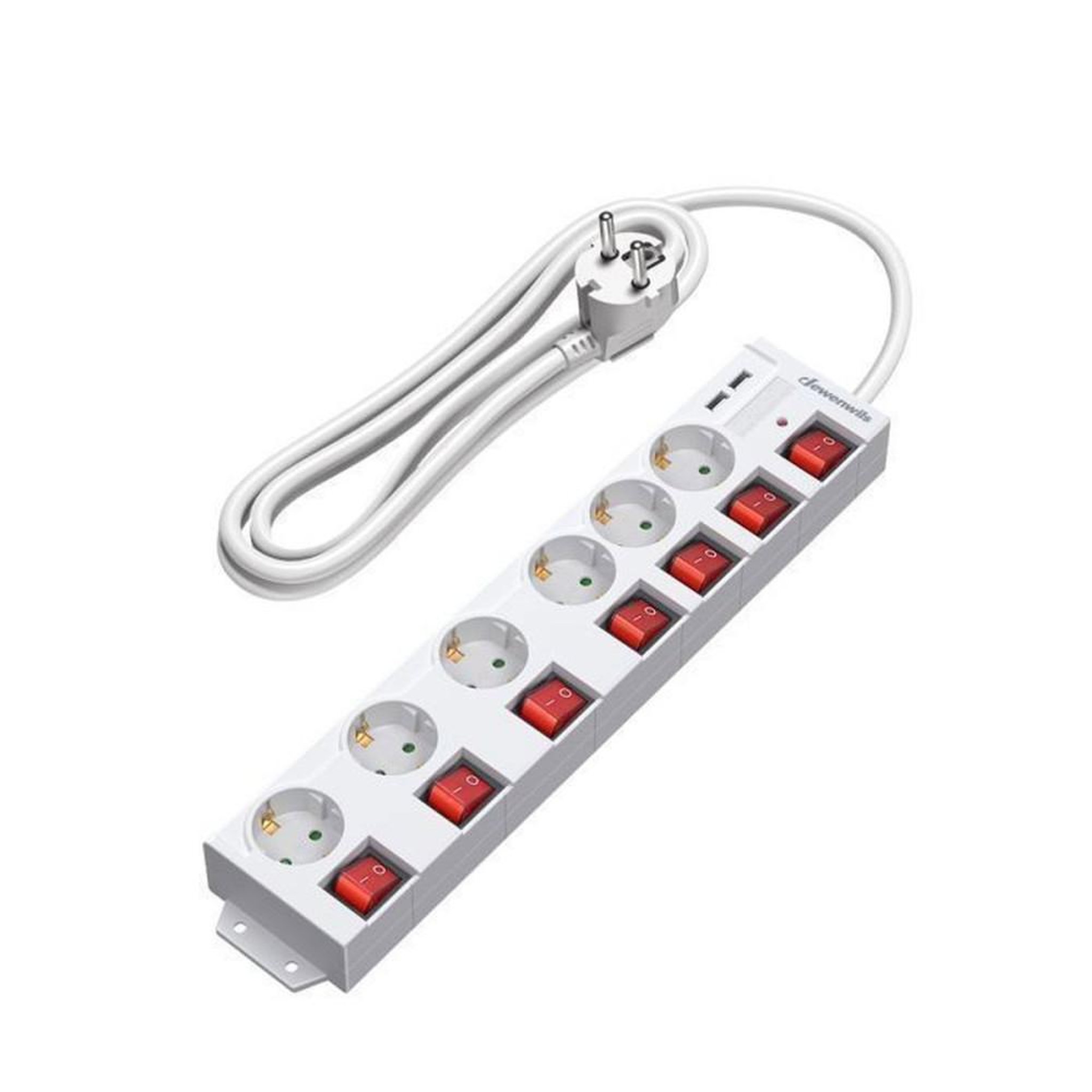 Multiprise parafoudre blanc 6 prises secteur + 2 USB 16A 3680W, câble 3 m, 7 interrupteurs bipolaires avec voyants LED