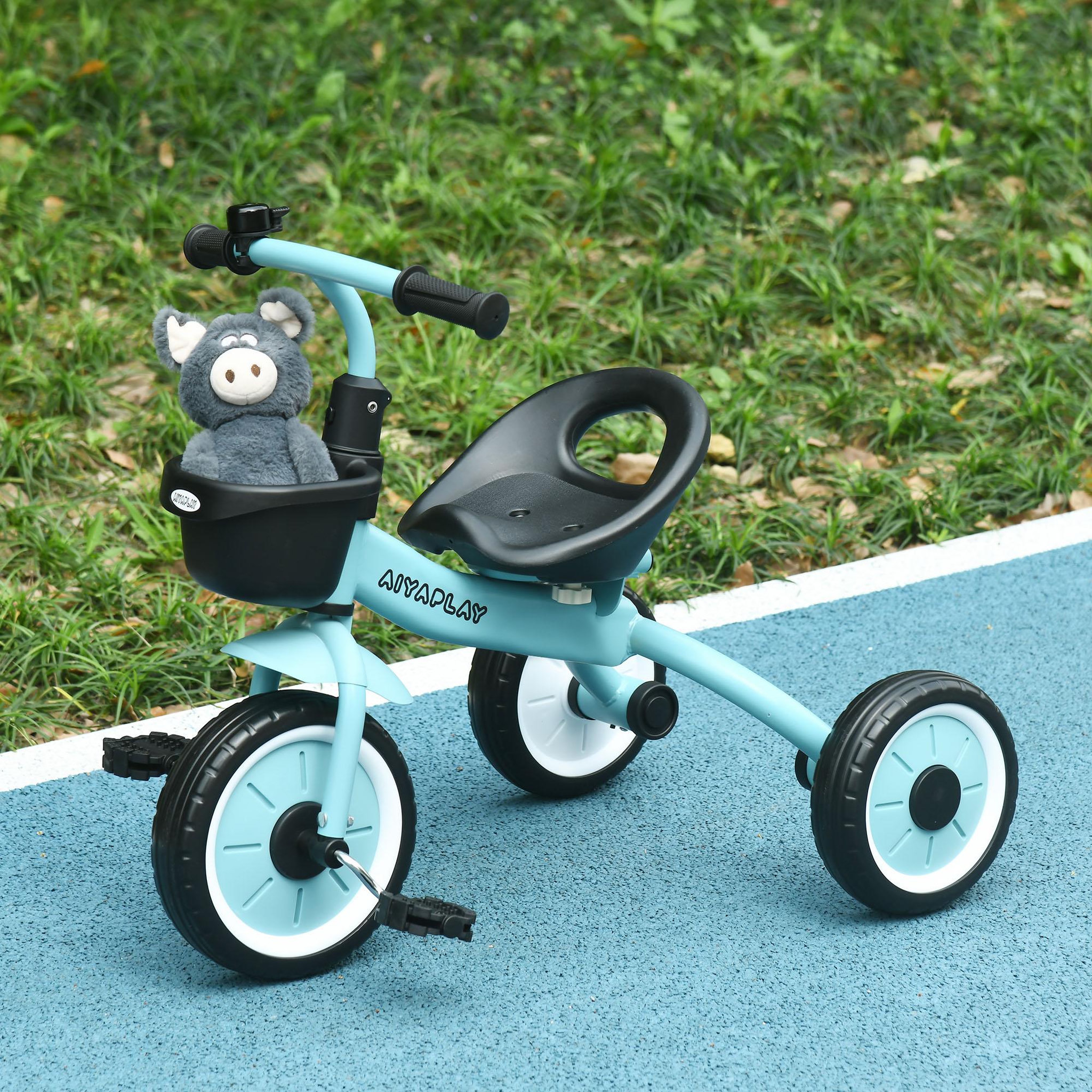 Voir la diapositive 2 : HOMCOM Tricycle enfant multi-équipé garde-boue sonnette panier pédales antidérapantes siège réglable avec dossier métal bleu ciel
