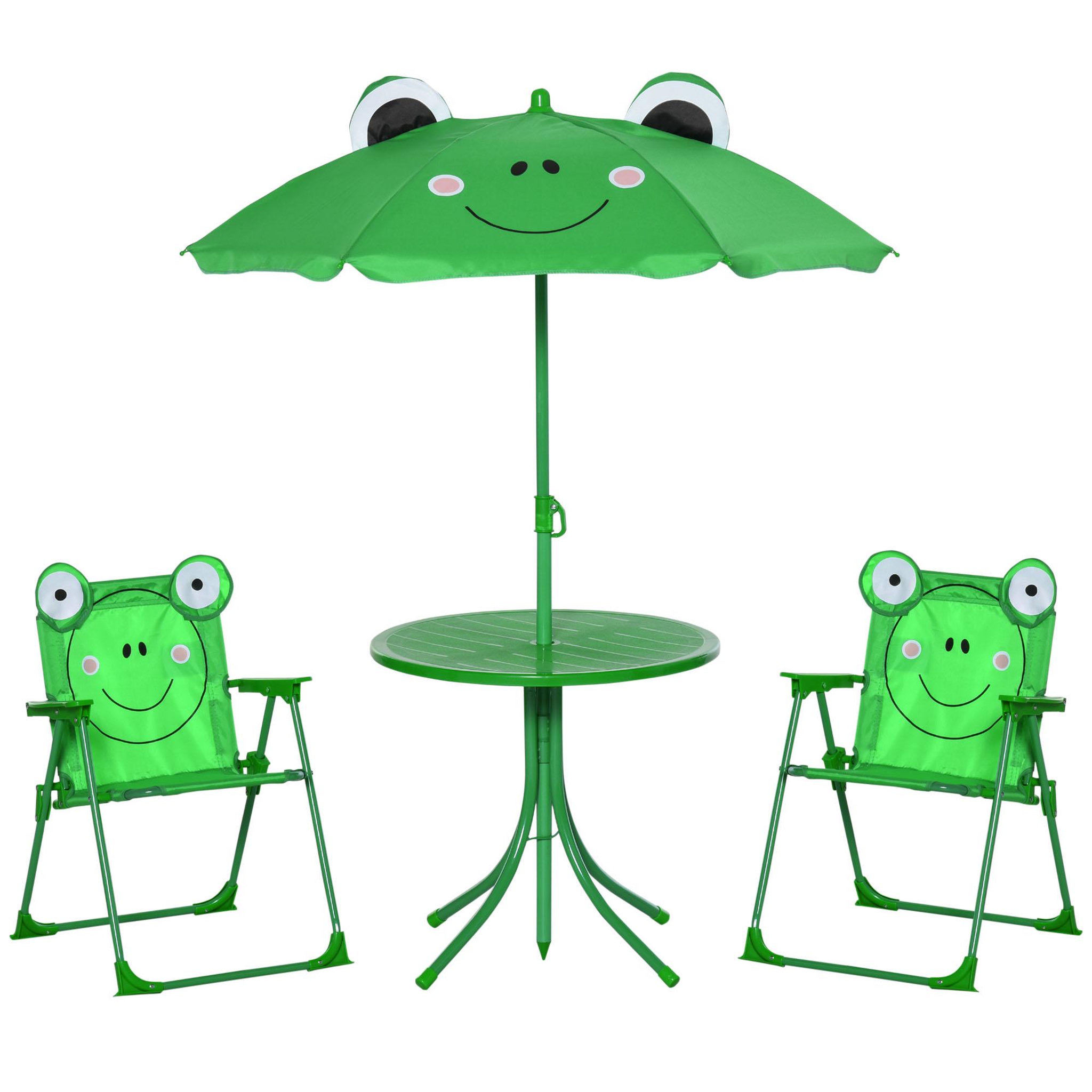 OUTSUNNY Ensemble salon de jardin enfant 4 pcs design grenouille - table ronde + 2 chaises pliables + parasol - métal époxy oxford vert