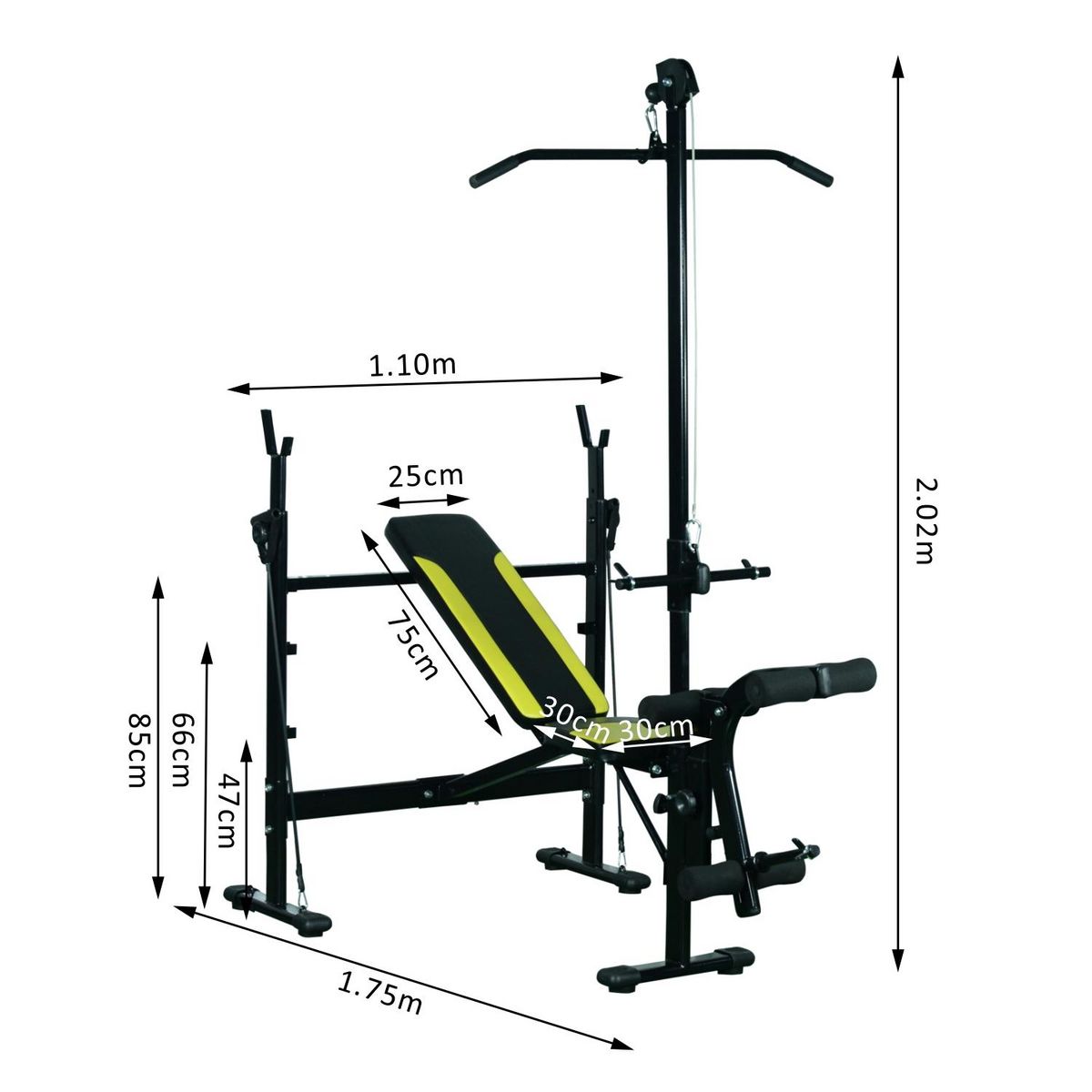HOMCOM Banc de musculation Fitness entrainement complet dossier réglable cordes traction curler supports barre et haltères noir et jaune