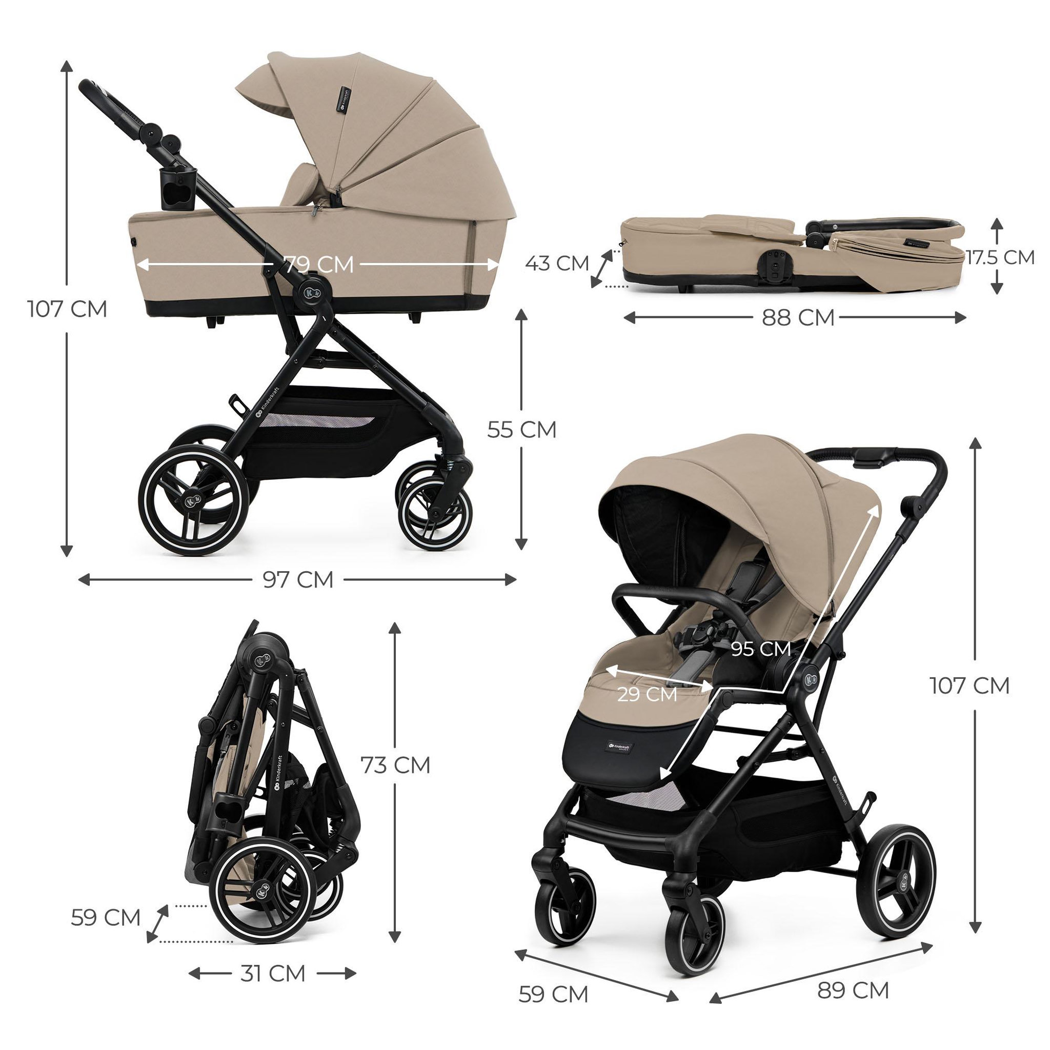 Voir la diapositive 6 : KINDERKRAFT Poussette 2 en 1 avec nacelle YOXI, roues anti-crevaison et accessoires