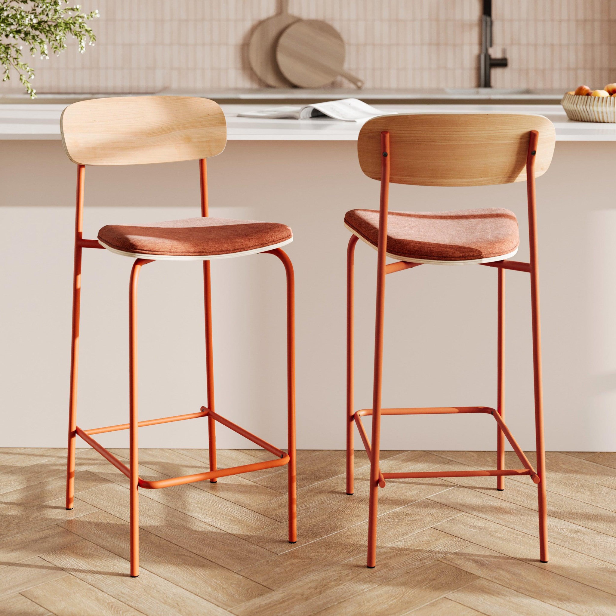 Voir la diapositive 2 : MAISON PAVANE Lot de 2 chaises pour îlot central en tissu terracotta 65 cm-Alba