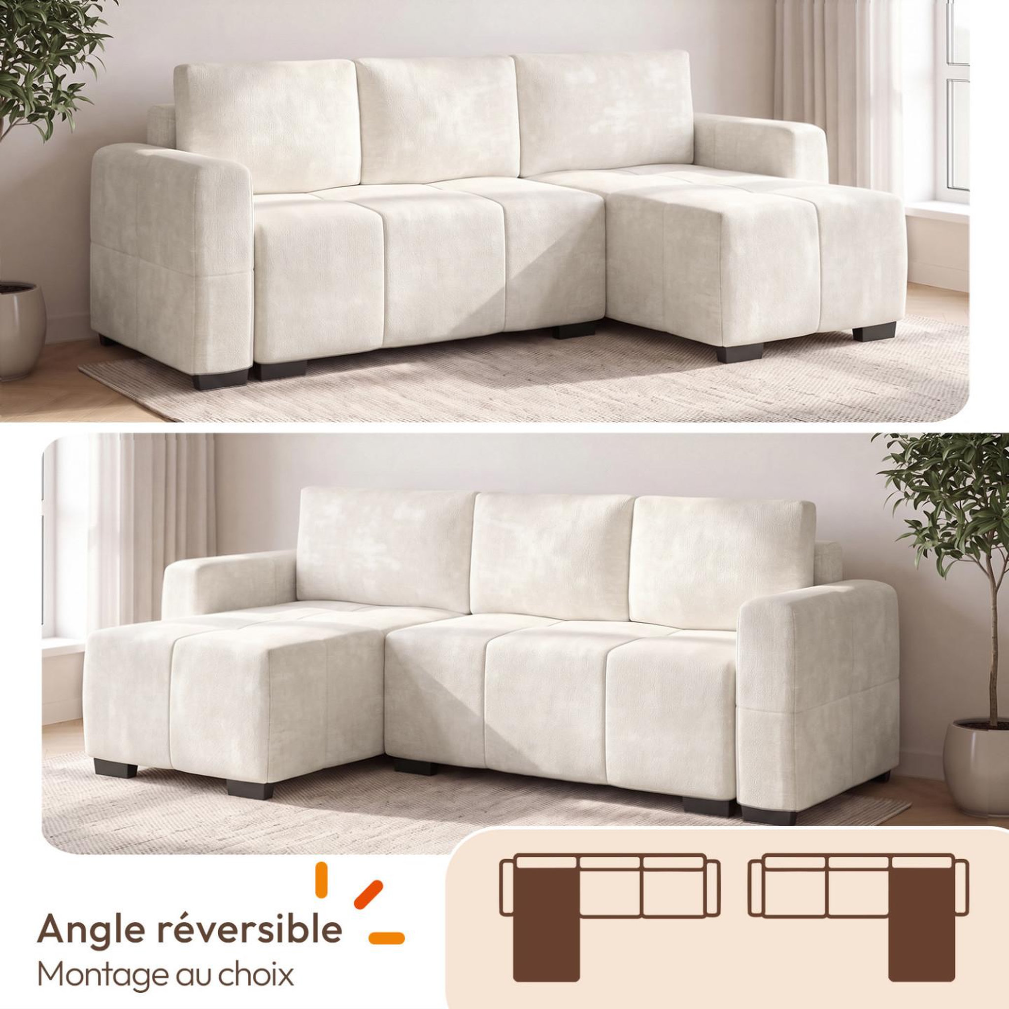 Voir la diapositive 3 : ID MARKET Canapé d'angle convertible 4 places NUAGE 240 cm avec coffre de rangement en tissu chenille crème
