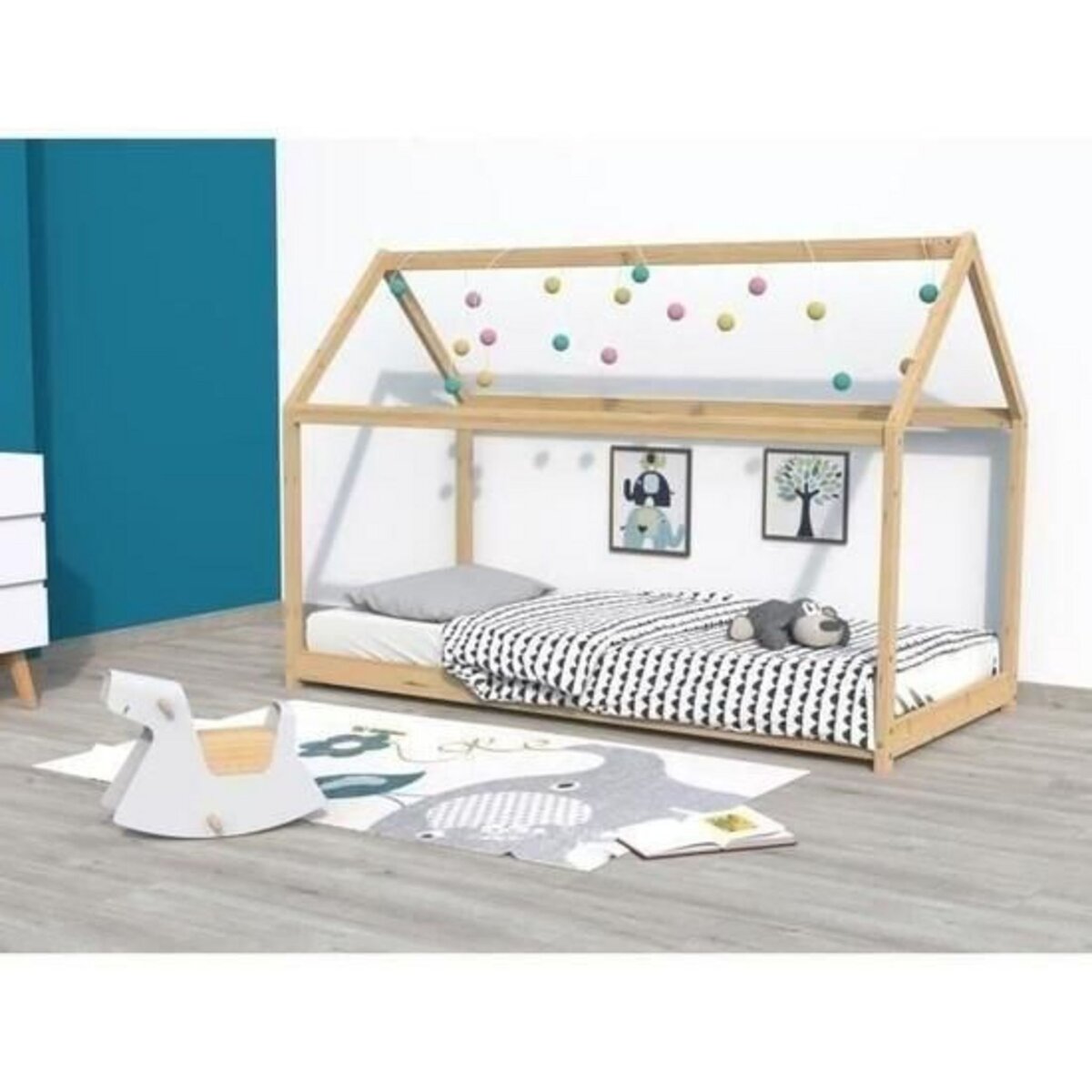 Lit cabane enfant en bois massif 90 x 190 cm avec sommier + barrière de lit  LOUIS pas cher 