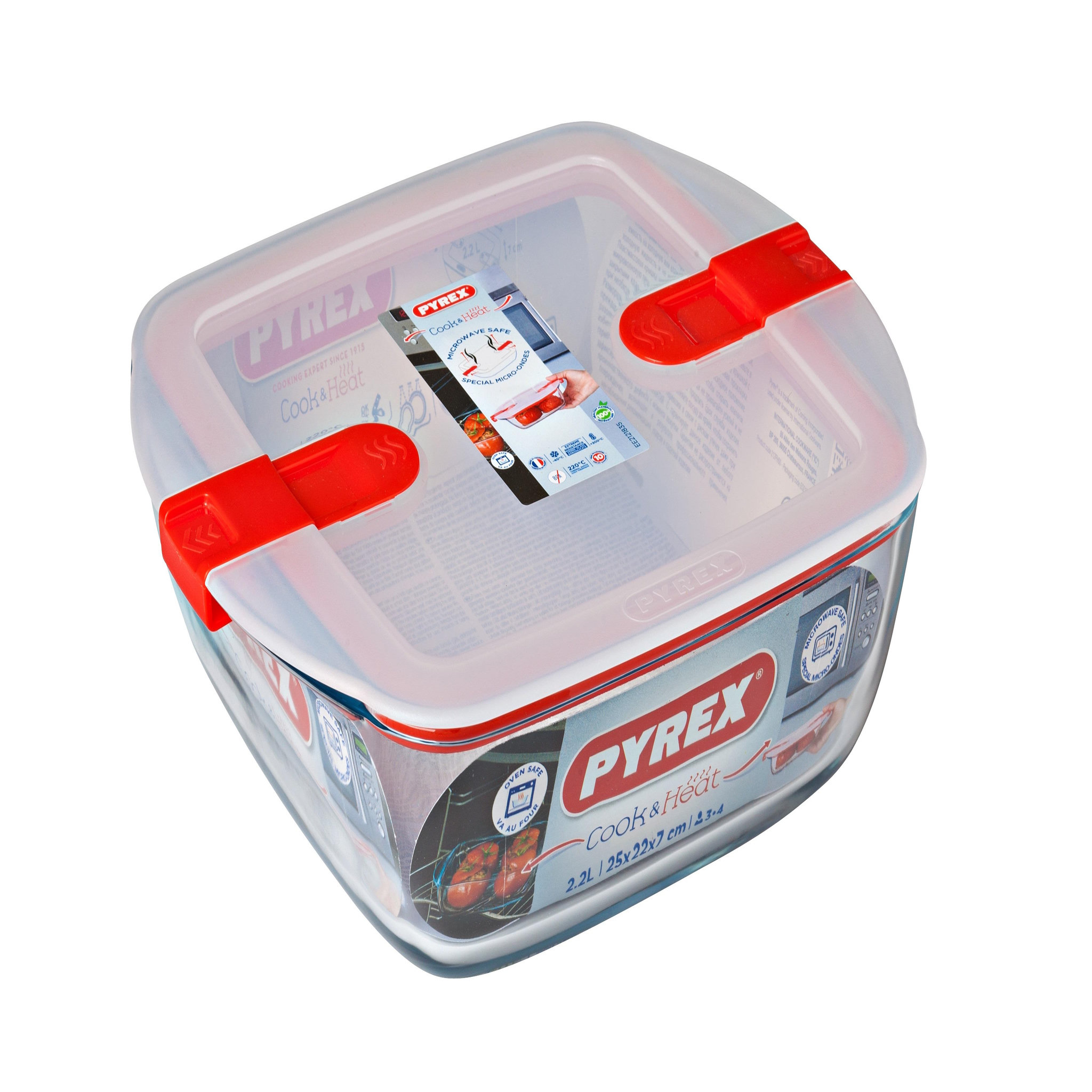 PYREX  Plat carré en verre + couvercle en plastique 25 x 22 cm Cook and Heat 