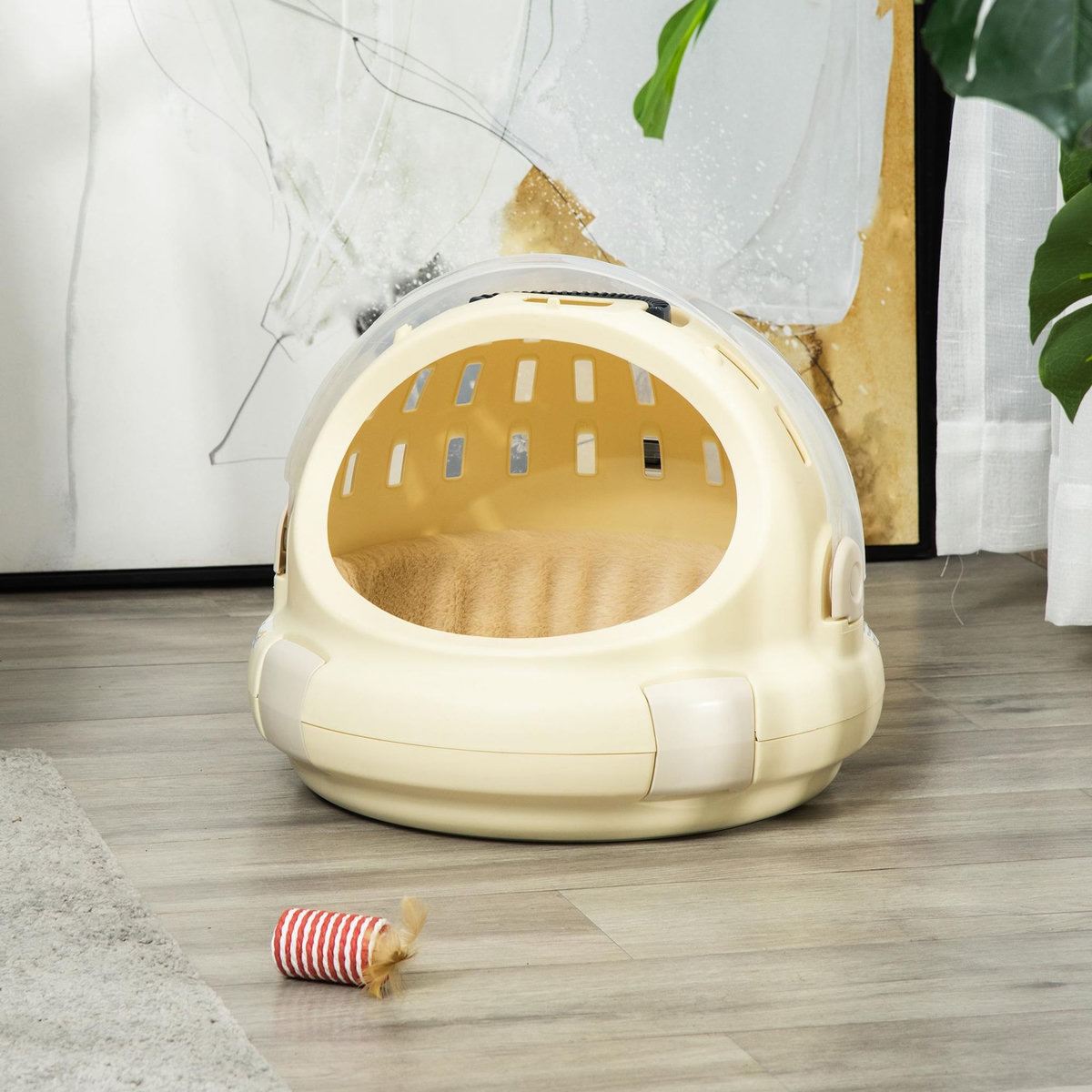 PAWHUT Maison chat - niche chat portable avec poignée - sac de transport chat verrouillable - coussin amovible inclus - dim. Ø 41 x 35,2H cm - PP beige