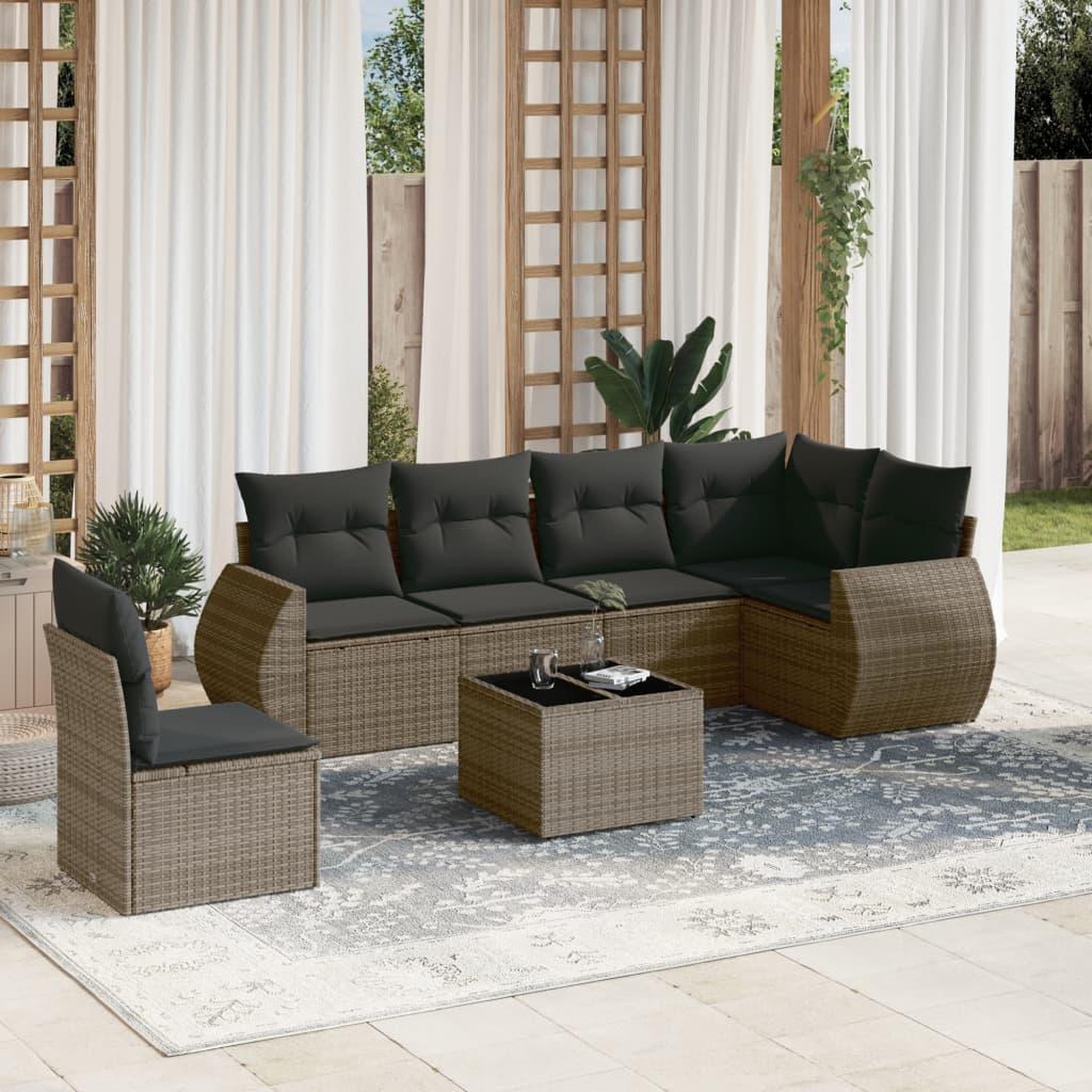 VIDAXL Salon de jardin avec coussins 7 pcs gris resine tressee