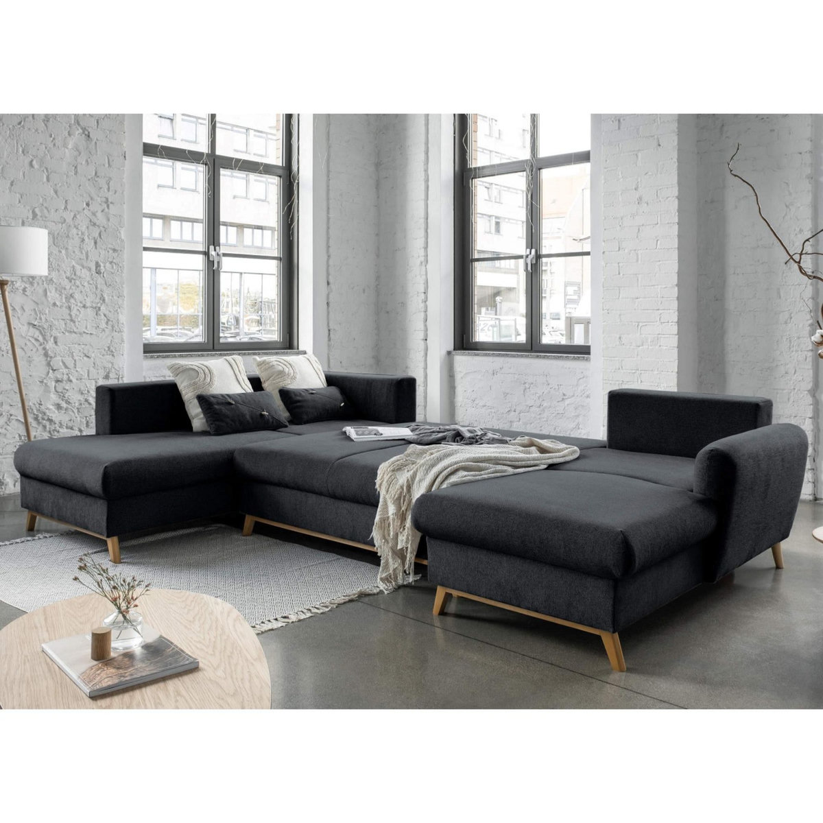 BEST MOBILIER Lagom - canapé d'angle panoramique - convertible - avec coffre - en tissu - 7 places - gauche