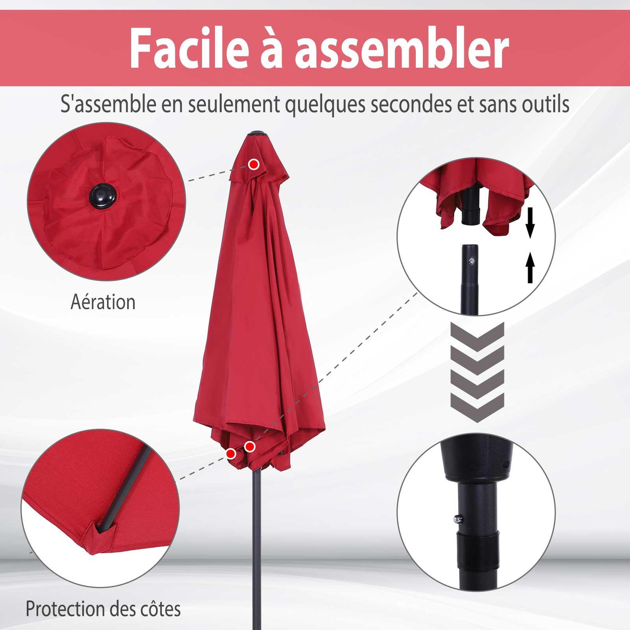 Voir la diapositive 4 : OUTSUNNY Parasol inclinable de jardin balcon terrasse manivelle toile polyester imperméabilisée haute densité 180 g/m² Ø2,7 x 2,35H m alu rouge vineux