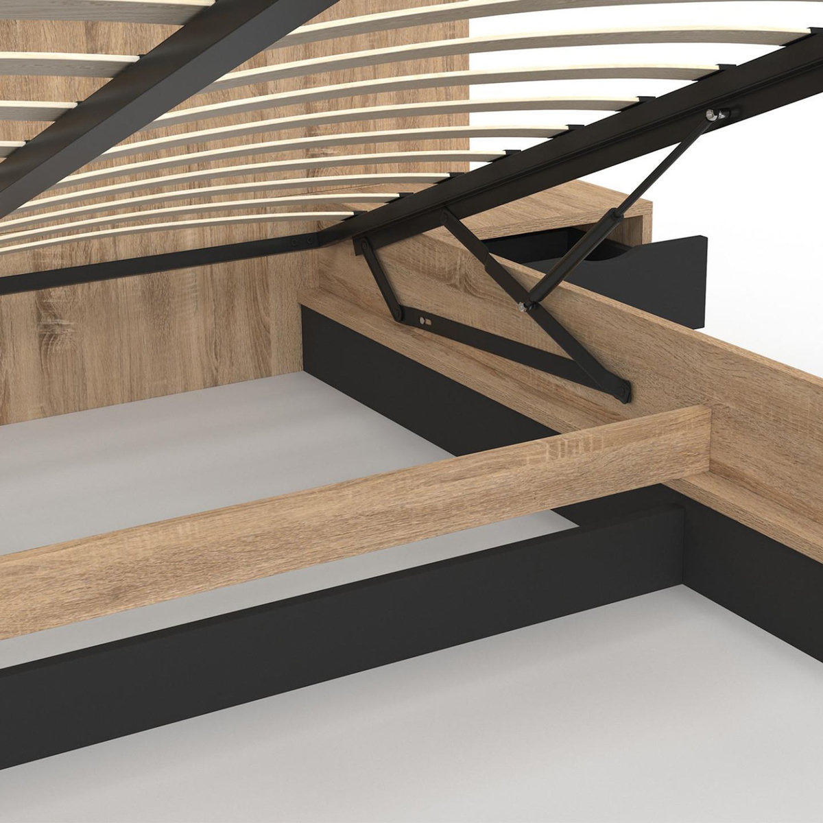 ID MARKET Lit coffre double SANTA avec tête de lit + tables de chevet intégrées et sommier 160 x 200 cm bois et noir