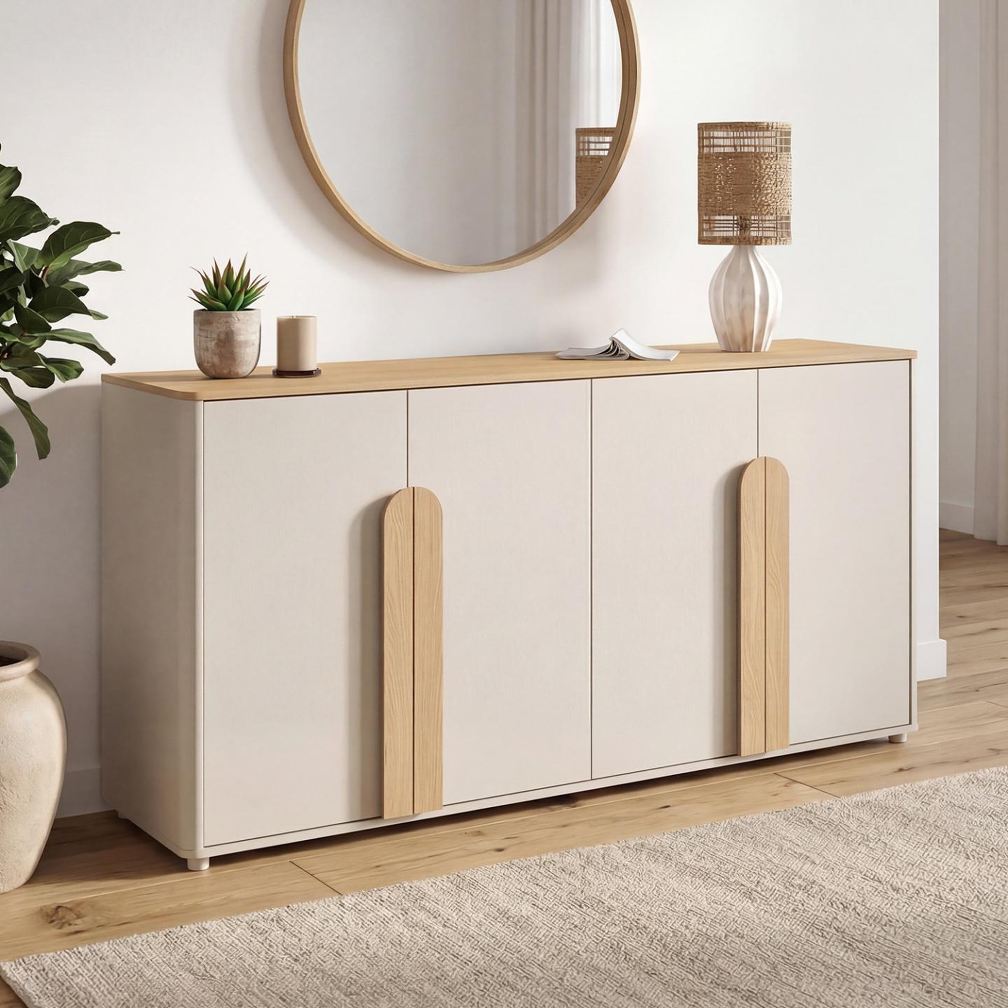 Voir la diapositive 2 : ID MARKET Buffet 160 cm tirana 4 portes avec grandes poignées beige et bois clair