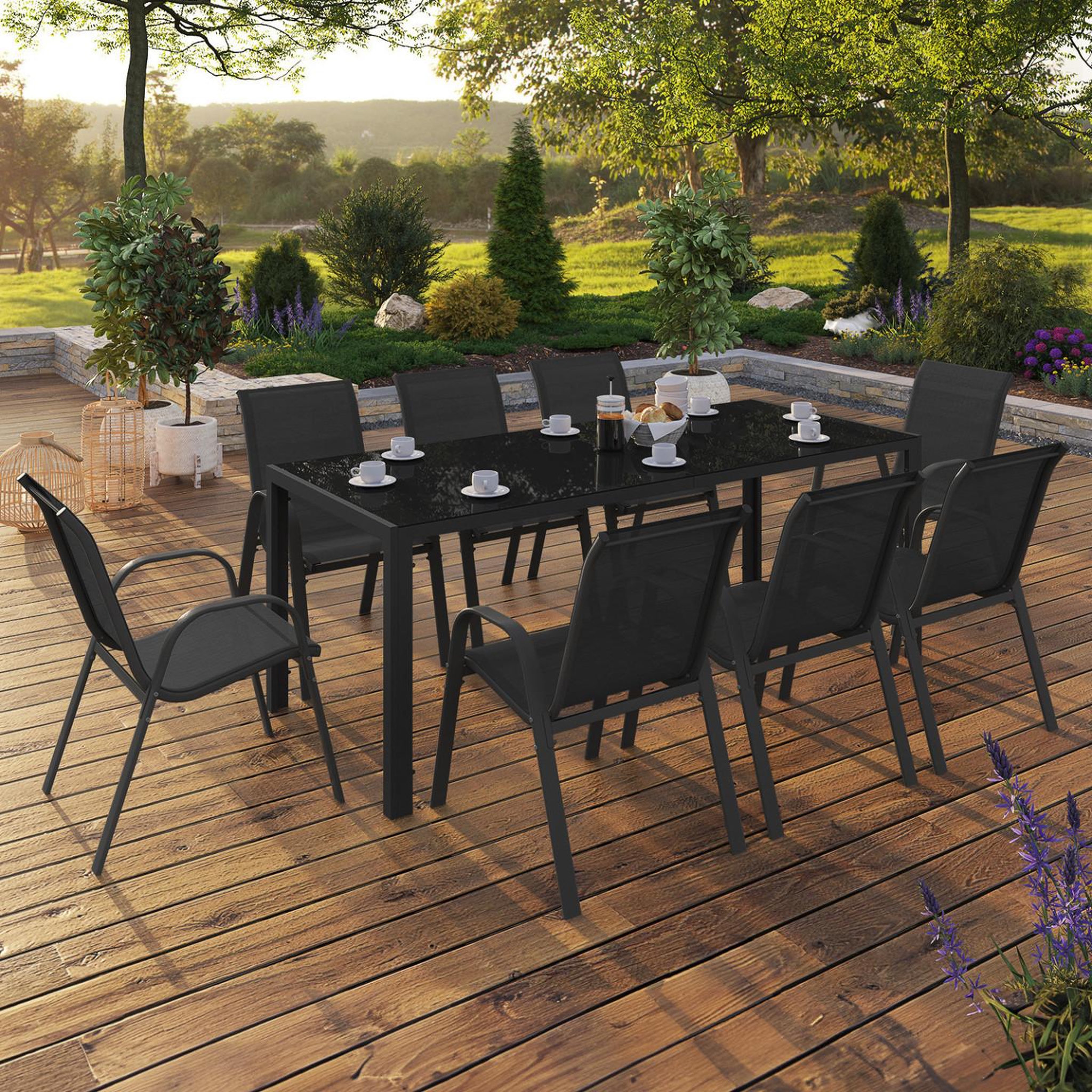 Voir la diapositive 2 : ID MARKET Salon de jardin madrid table 190 cm et 8 chaises empilables noires