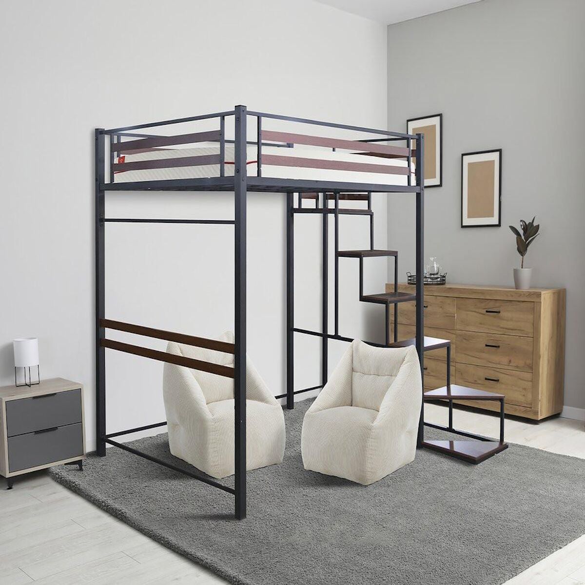 Habitat et Jardin Lit mezzanine en métal avec escalier  LENA  - 140 x 190 cm - Noir et marron noyer