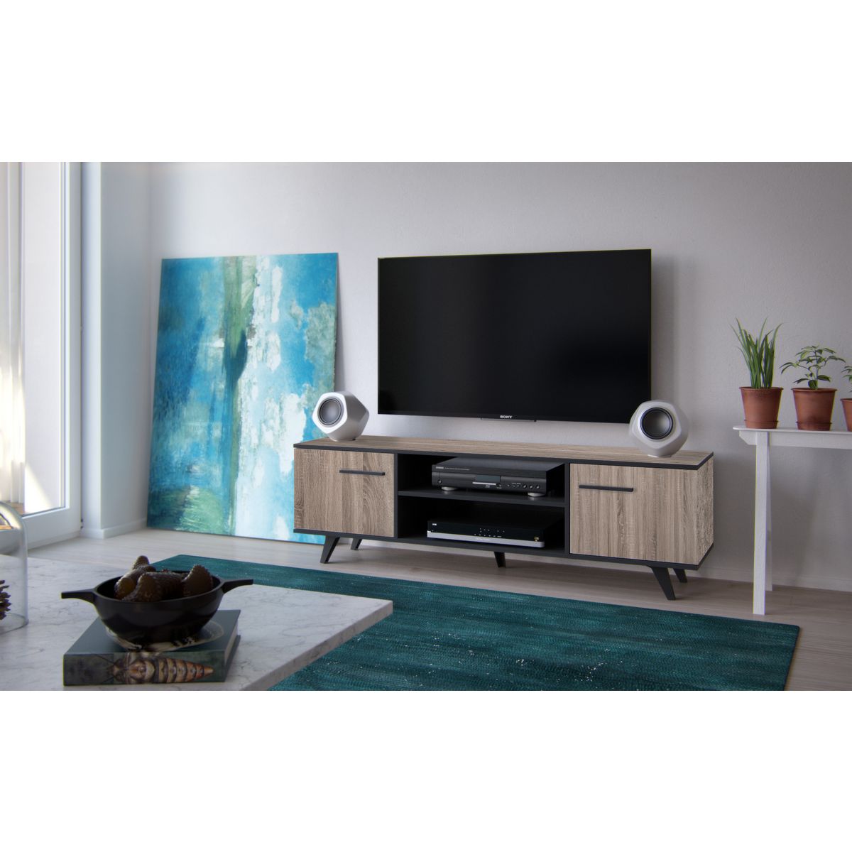 Meuble TV 2 portes 2 niches L150cm JAMES