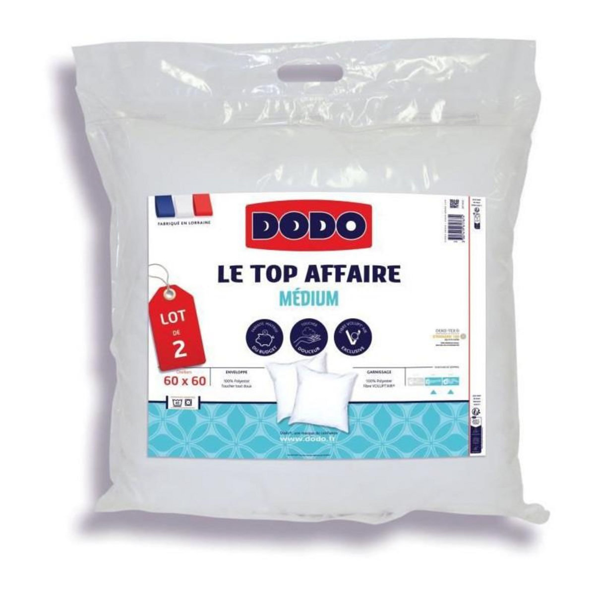 DODO Lot de 2 Oreillers Le Top Affaire - 60 x 60 cm - 100% Polyester VOLUPT'AIR - DODO
