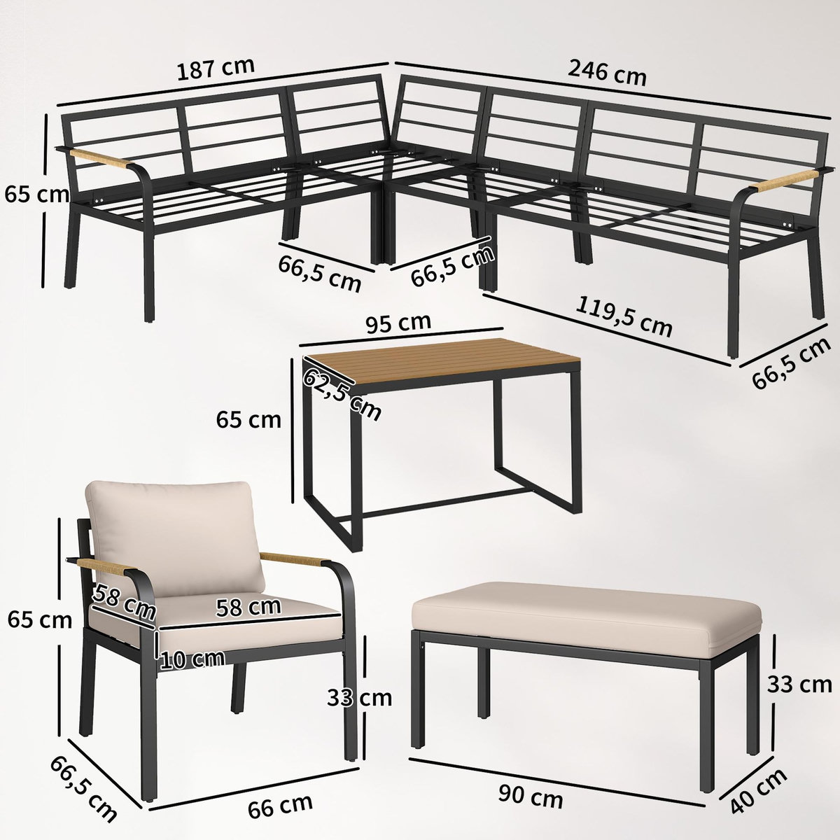 OUTSUNNY Salon de jardin d'angle table à manger 7 personnes 7 pièces