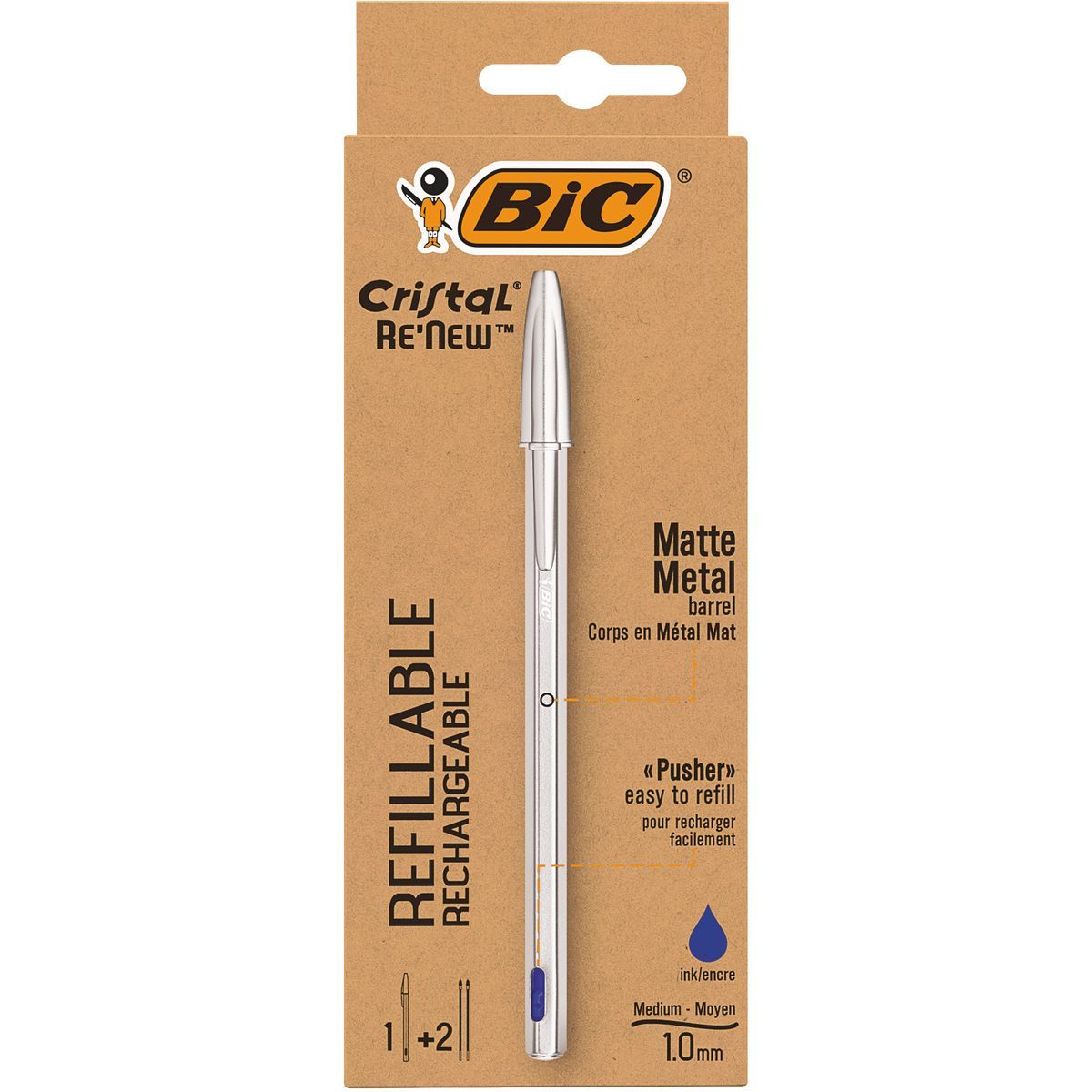 BIC Lot de 1 stylo bille métal rechargeable pointe moyenne 1.0mm + 2 recharges CRISTAL RE NEW bleu