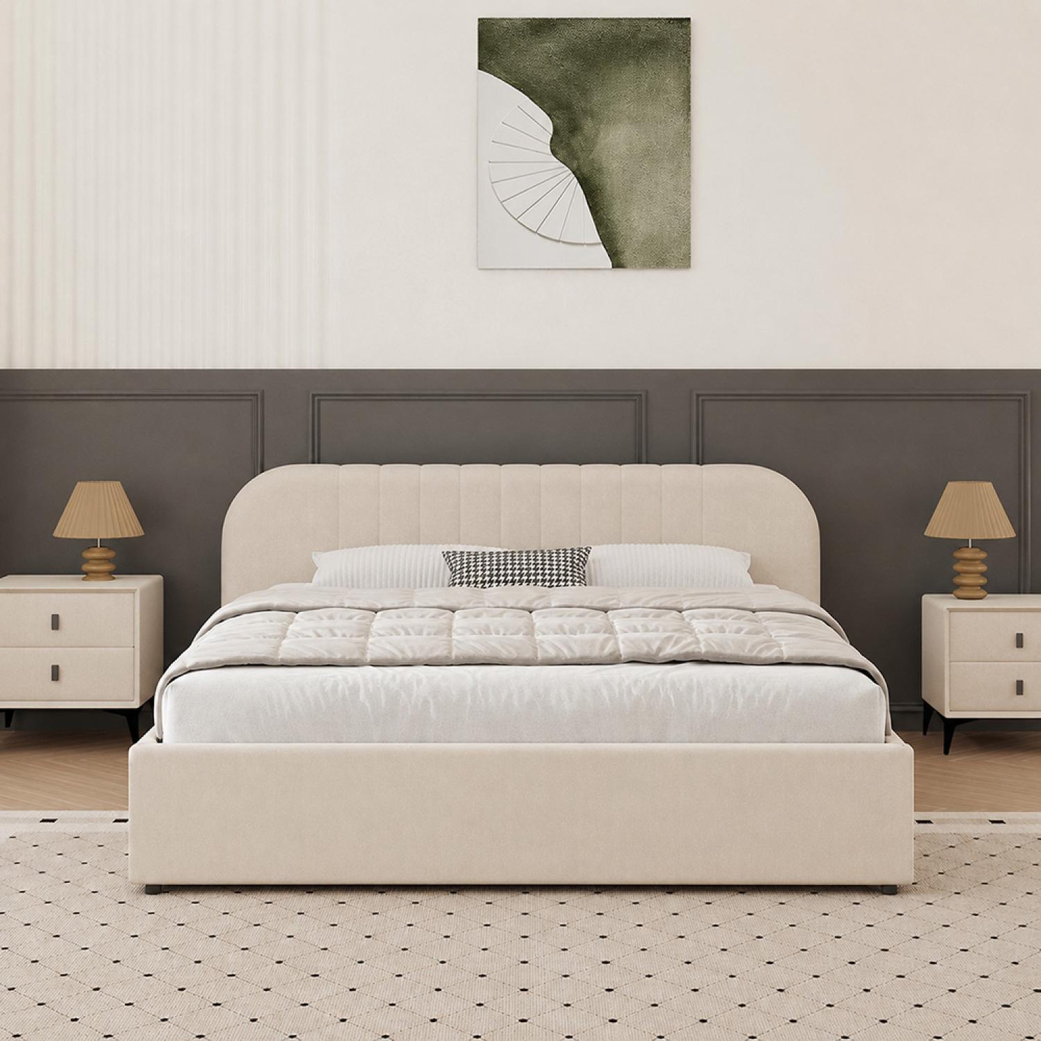 Voir la diapositive 5 : CONCEPT USINE Lit avec coffre de rangement 160x200cm en velours beige irvine