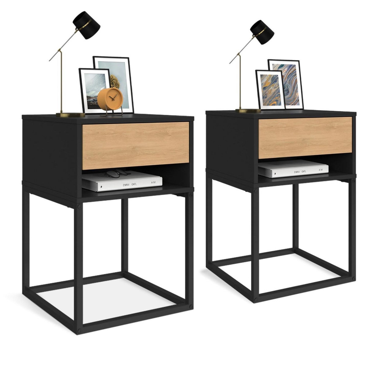 ID MARKET Lot de 2 tables de chevet ERNEST 1 tiroir et 1 niche noir et façon hêtre