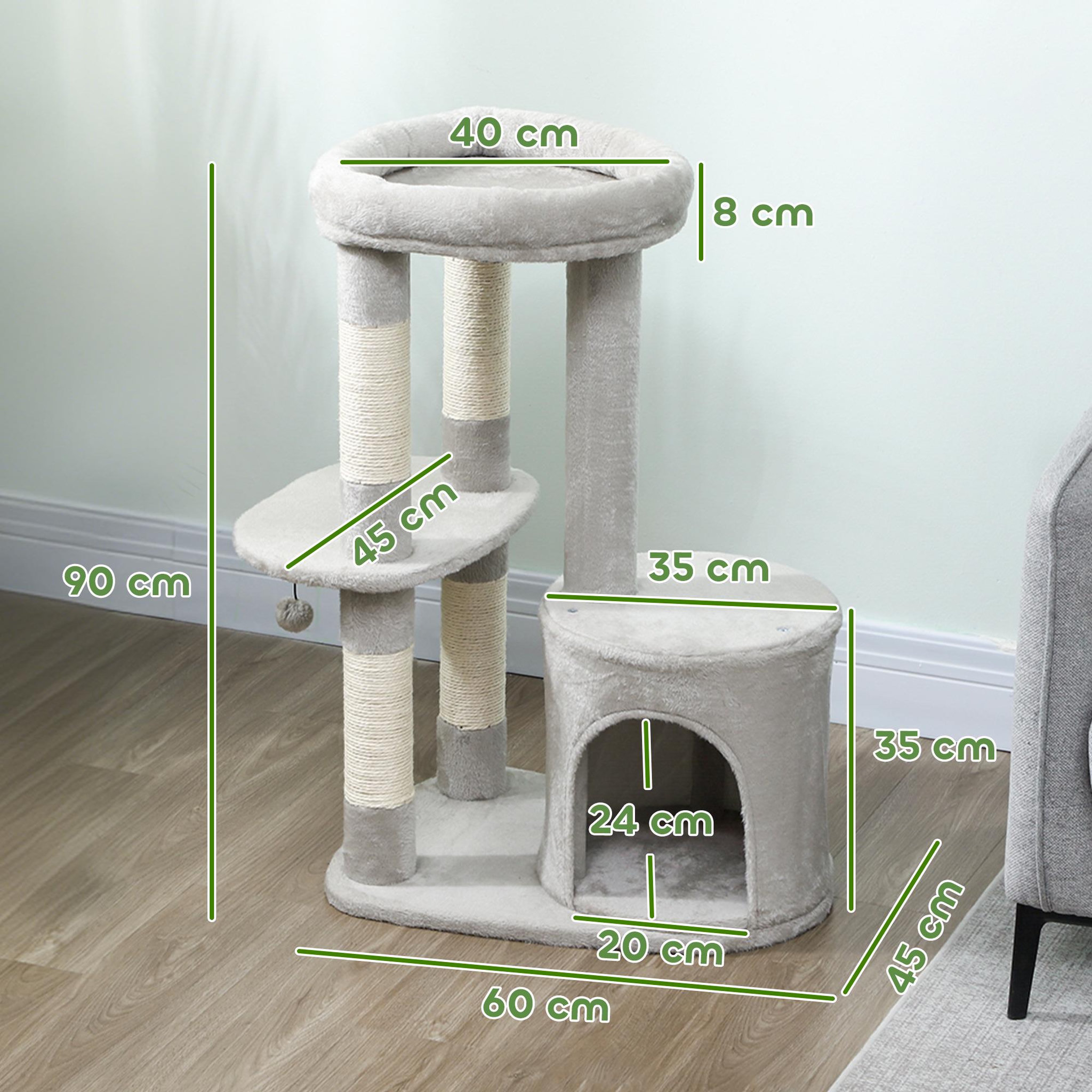 Voir la diapositive 3 : PAWHUT Arbre à chat design gris clair arrondi h.90cm niche 2 plateformes boule griffoirs