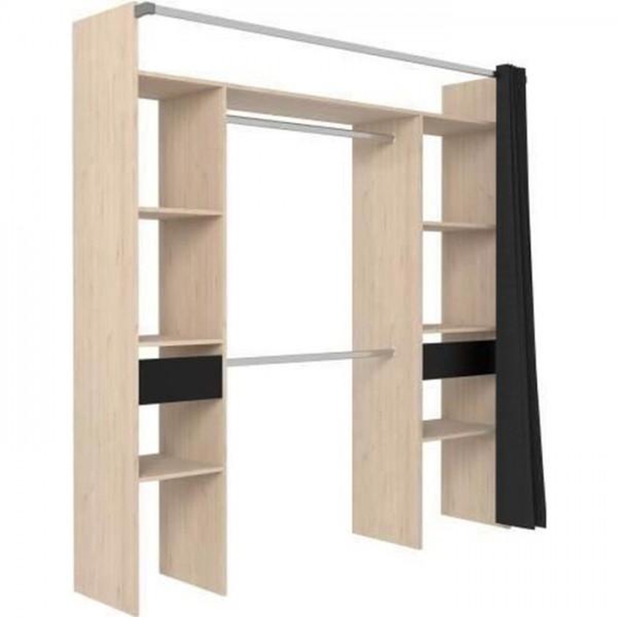 EKIPA Dressing ARTIC avec rideau - L 198 x H 203 cm - 2 colonnes + 2 penderies + 2 tiroirs - Chene Jackson et noir