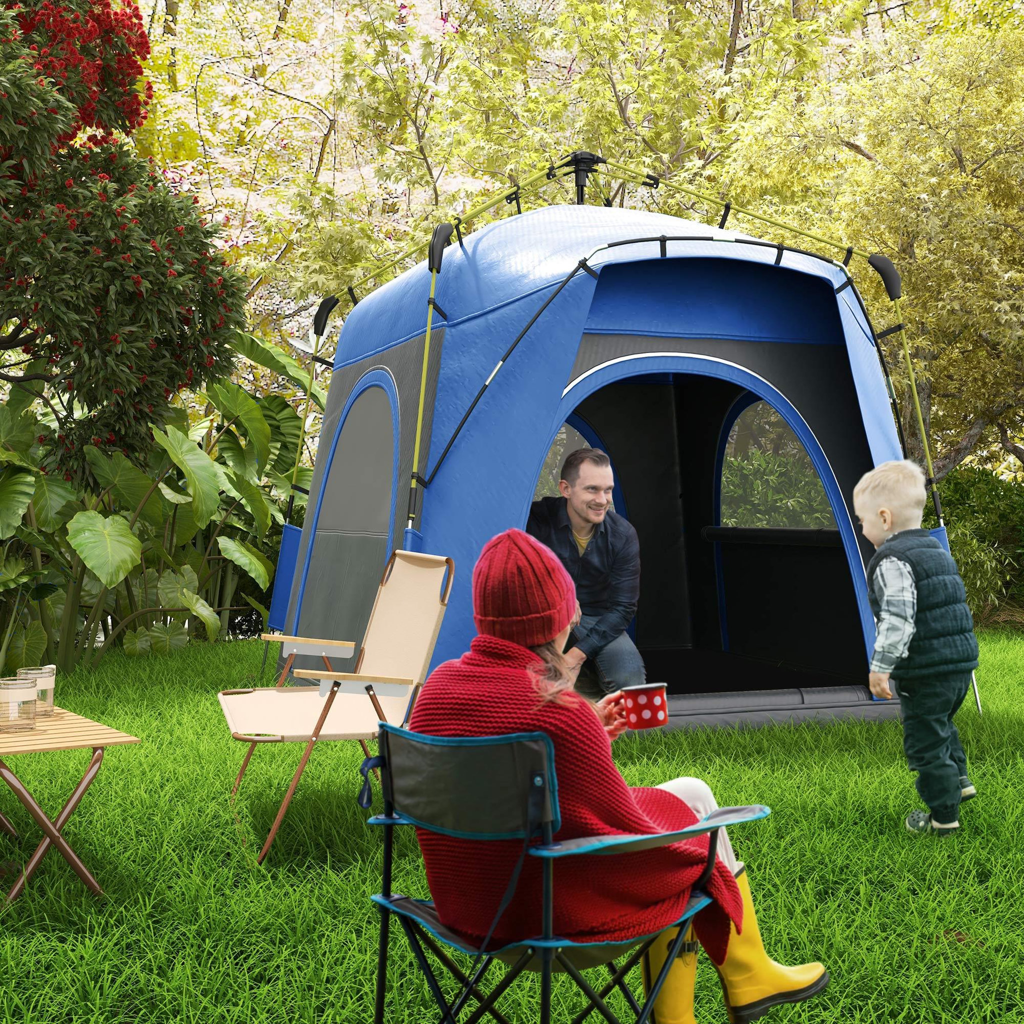 Voir la diapositive 2 : OUTSUNNY Tente de camping familiale 4 personnes montage instantanée pop-up 4 fenêtres pare-soleil dim. 2,4l x 2,4l x 1,95h m fibre verre polyester bleu anthracite