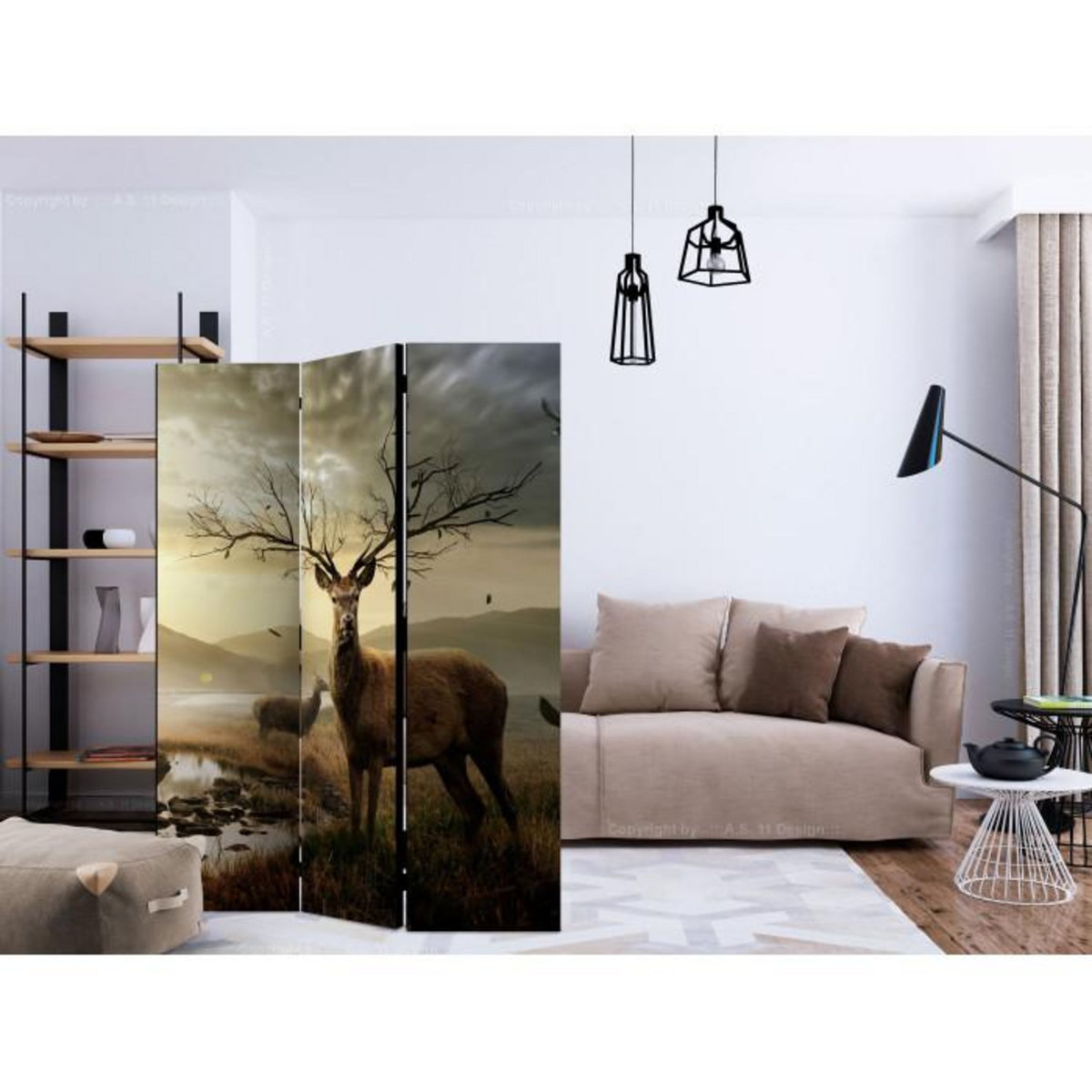 Paris Prix Paravent 3 Volets  Deers By Mountain Stream  135x172cm