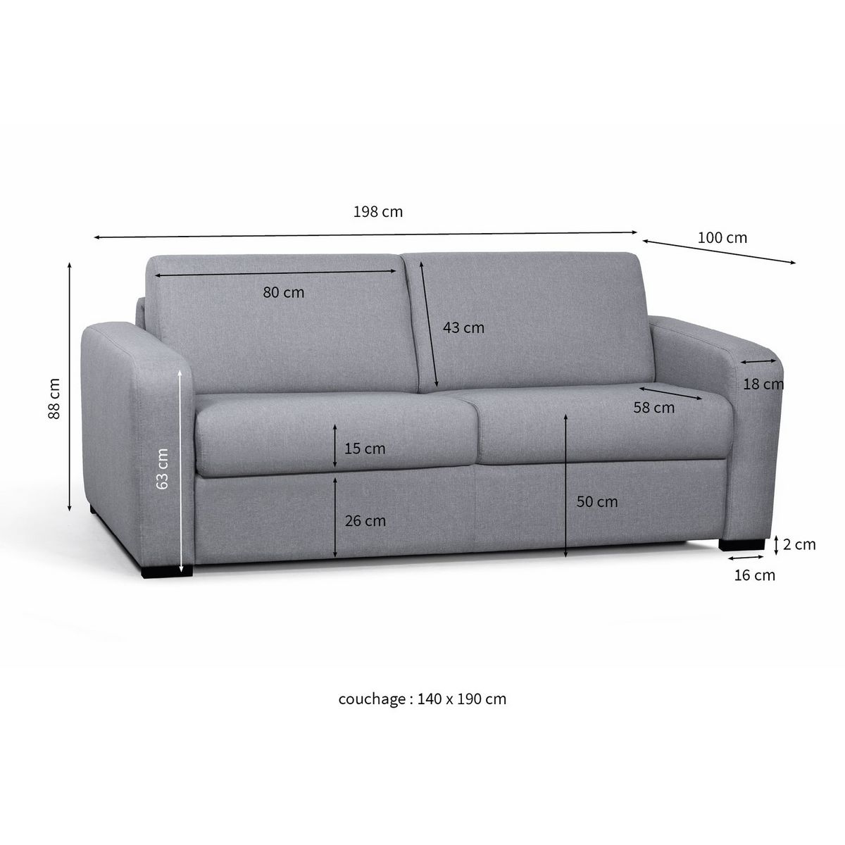 Canapé convertible système couchage express matelas 160x200 13cm 3 places en tissu  DYLAN 