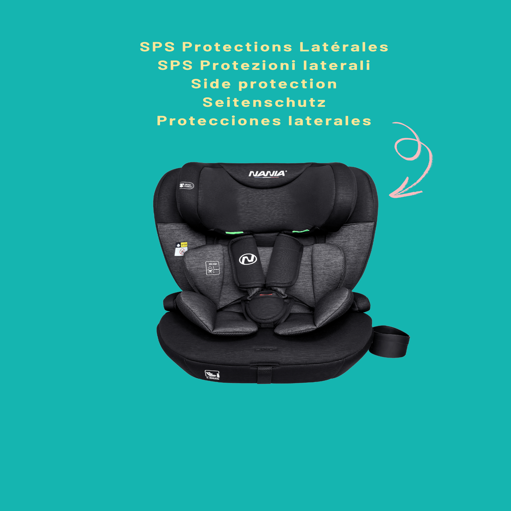 Voir la diapositive 6 : NANIA Nania Siège auto bébé ISOFIX Milano évolutif 76-150 cm, 15 mois à 12 ans, Têtière ajustable 12 niveaux de réglages, Protections latérales, Harnais de sécurité 5 points, Housse amovible et lavable - Porte gobelet