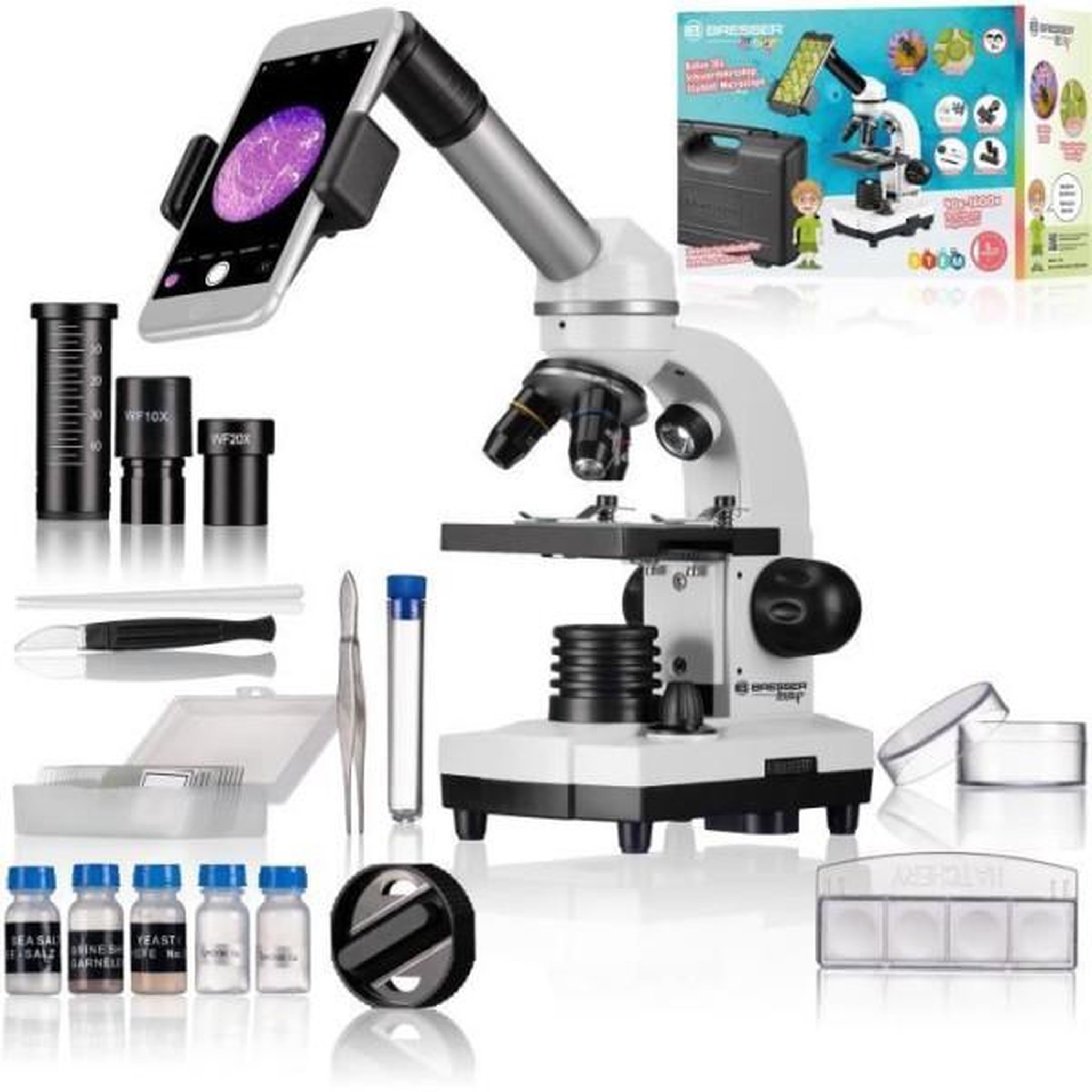 Bresser Microscope biolux sel avec systeme de zoom, grossissement 40x-1600x, support smartphone, coffret rigide, microscope étudiant, b