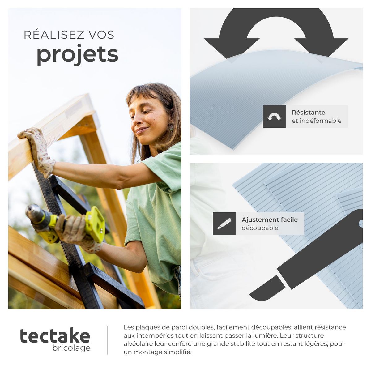 tectake Lot de 10 plaques à double paroi 7,32 m² surface totale découpable sur mesure blanc transparent