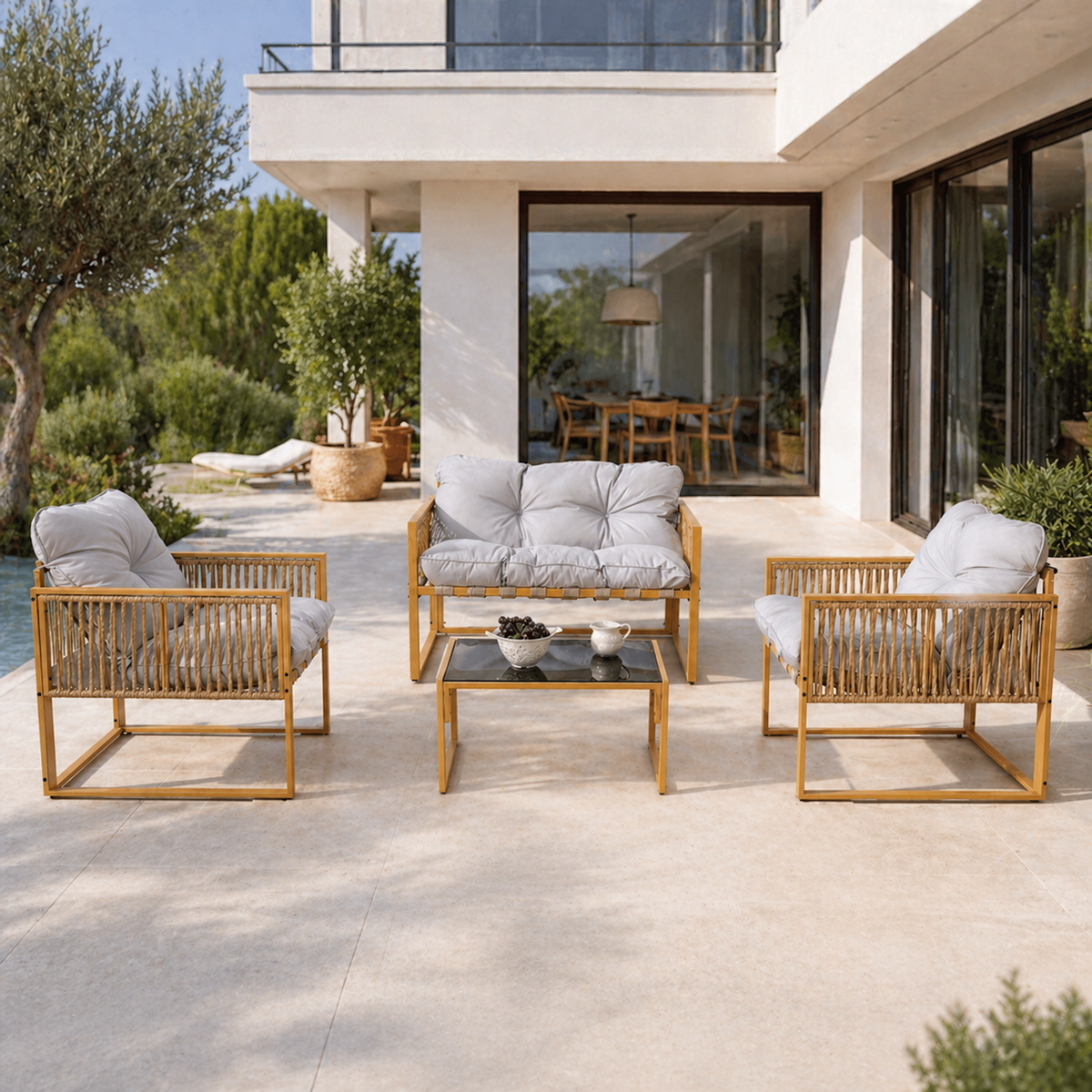 CONCEPT USINE Salon de jardin 4 places effet rotin coussins gris clair TURINI